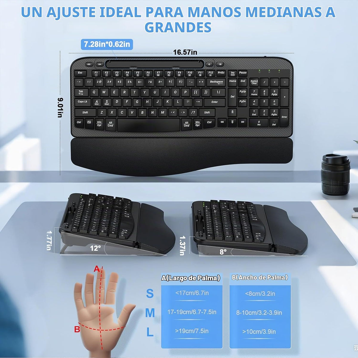 Teclado inalámbrico ergonómico con reposamuñecas acolchado, teclas...