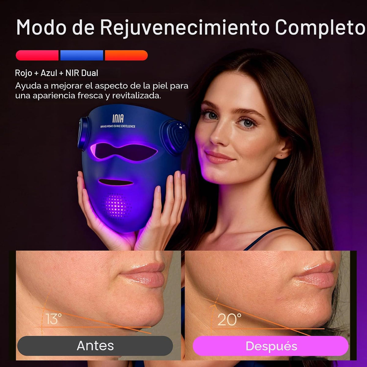 INIA Máscara inalámbrica de terapia de luz roja GLOW 4D para cara,...