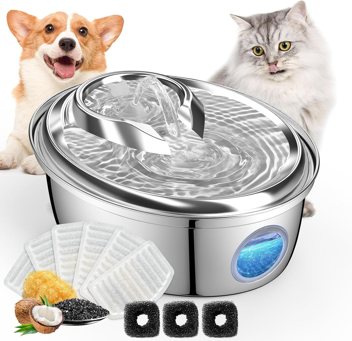 ORSDA Fuente de agua para gatos de acero inoxidable, fuente automát...