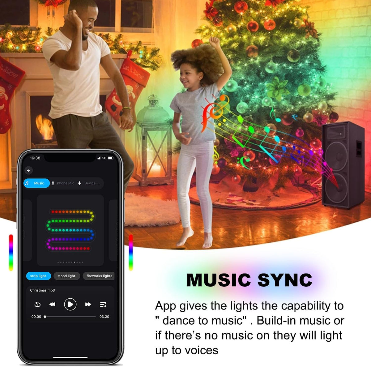 Luces LED inteligentes de cadena para árbol de Navidad con aplicaci...