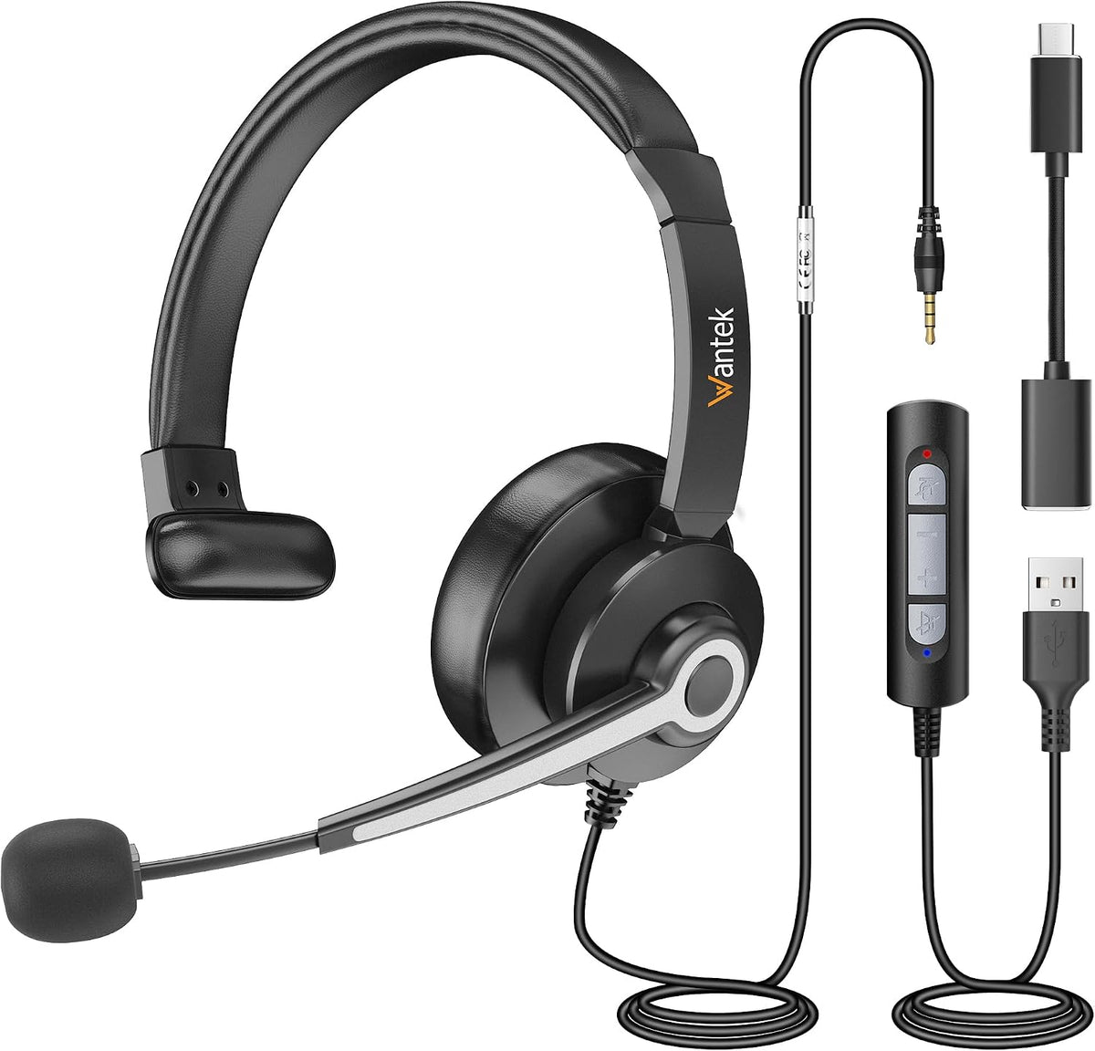 Wantek Auriculares USB y de 0.138 in con micrófono para PC\/portáti...