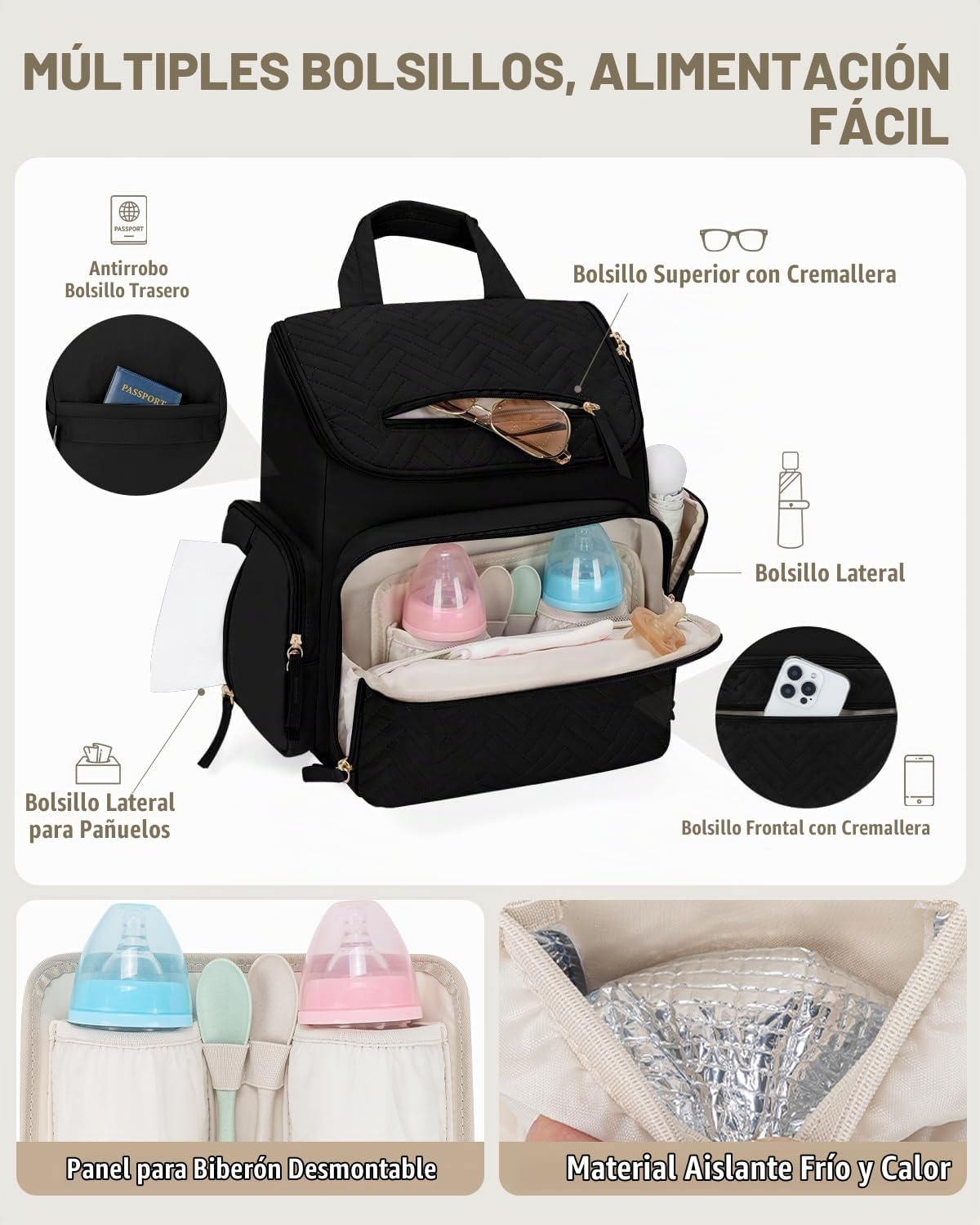 KABAQOO Mochila para pañales con cambiador y bolsillos aislados, Ne...
