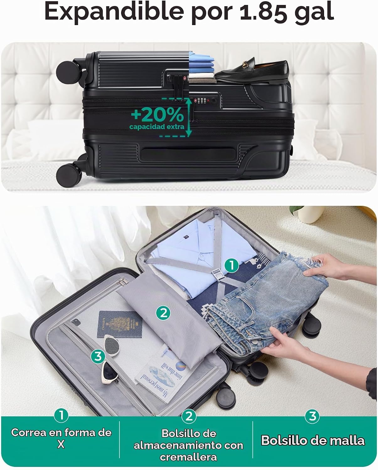 BAGSMART - Maleta de mano 22 x 14 x 9 aprobada por aerolíneas, male...