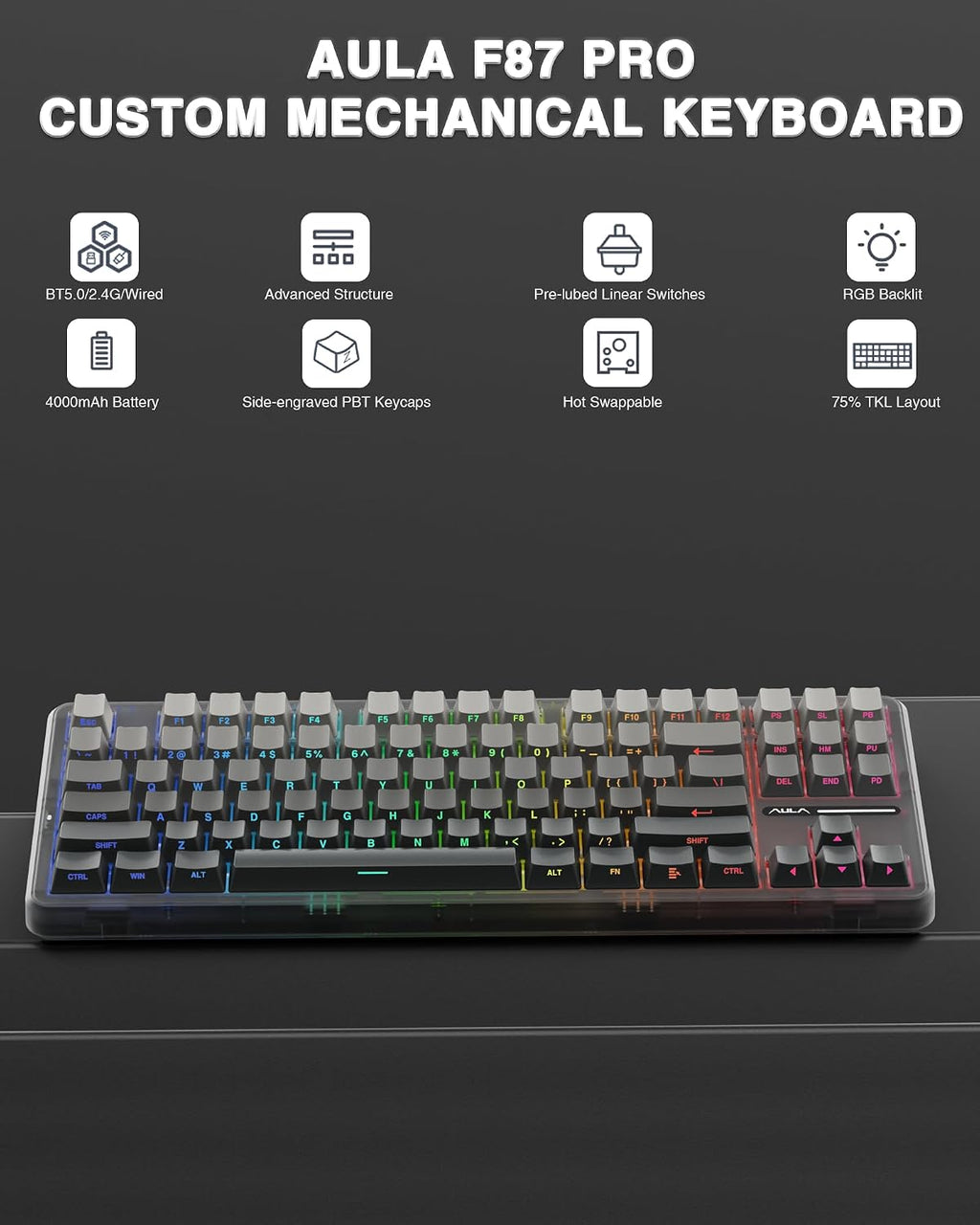 Teclado mecánico inalámbrico AULA F87 Pro, teclado personalizado in...