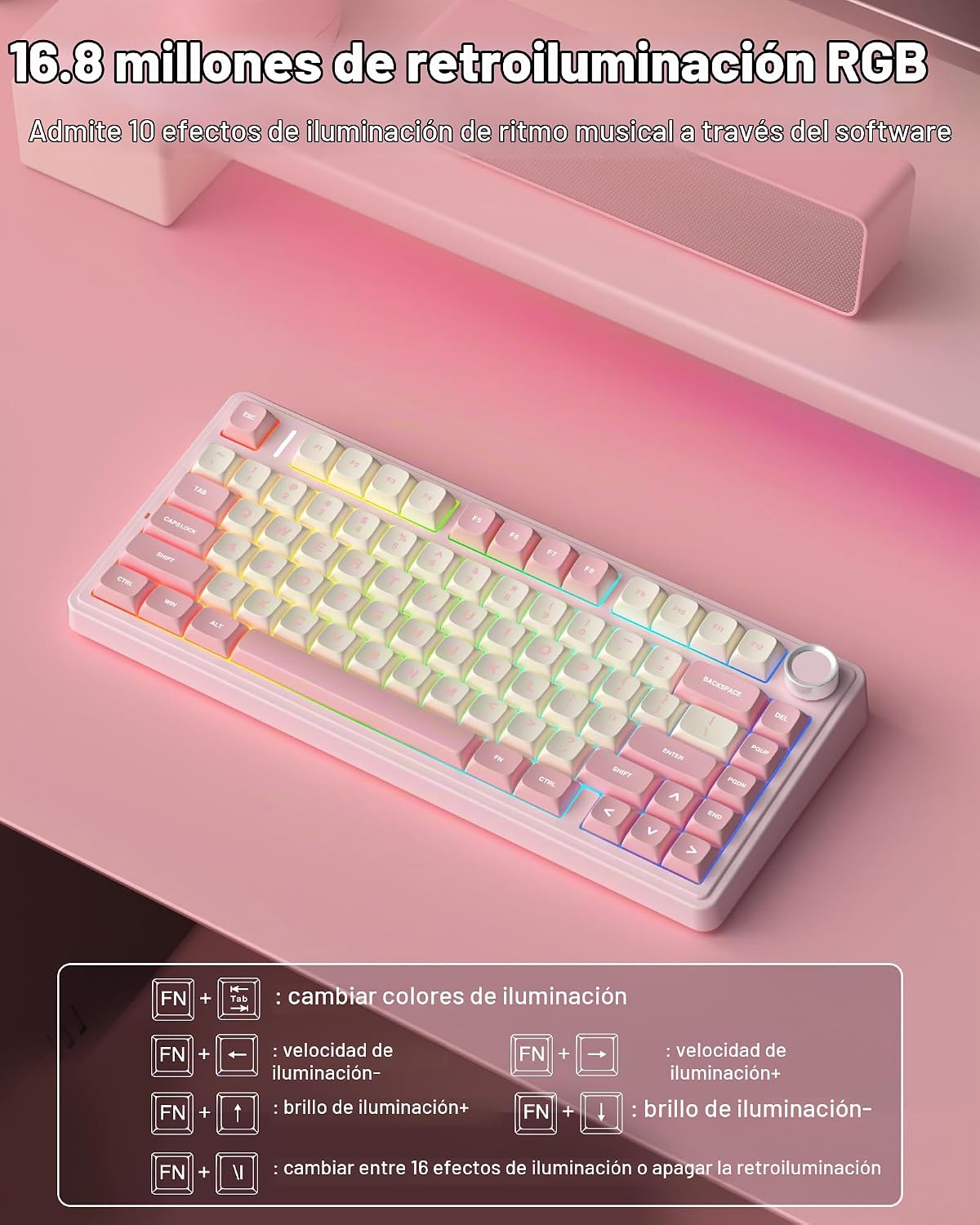 AULA Teclado Mecánico Inalámbrico F75 75%, Teclado Rosa Cremoso Int...