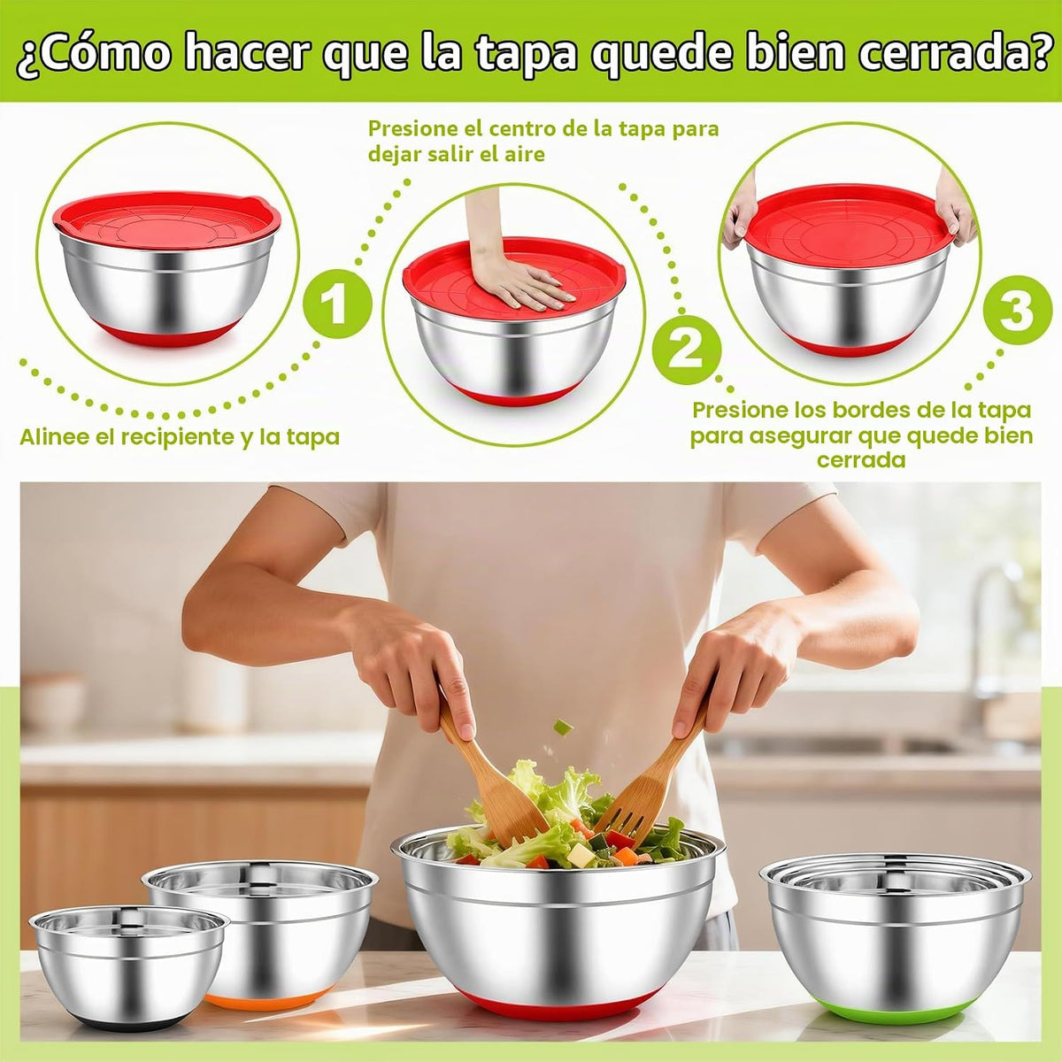 TeamFar Tazones para mezclar, cuencos de acero inoxidable con tapas...
