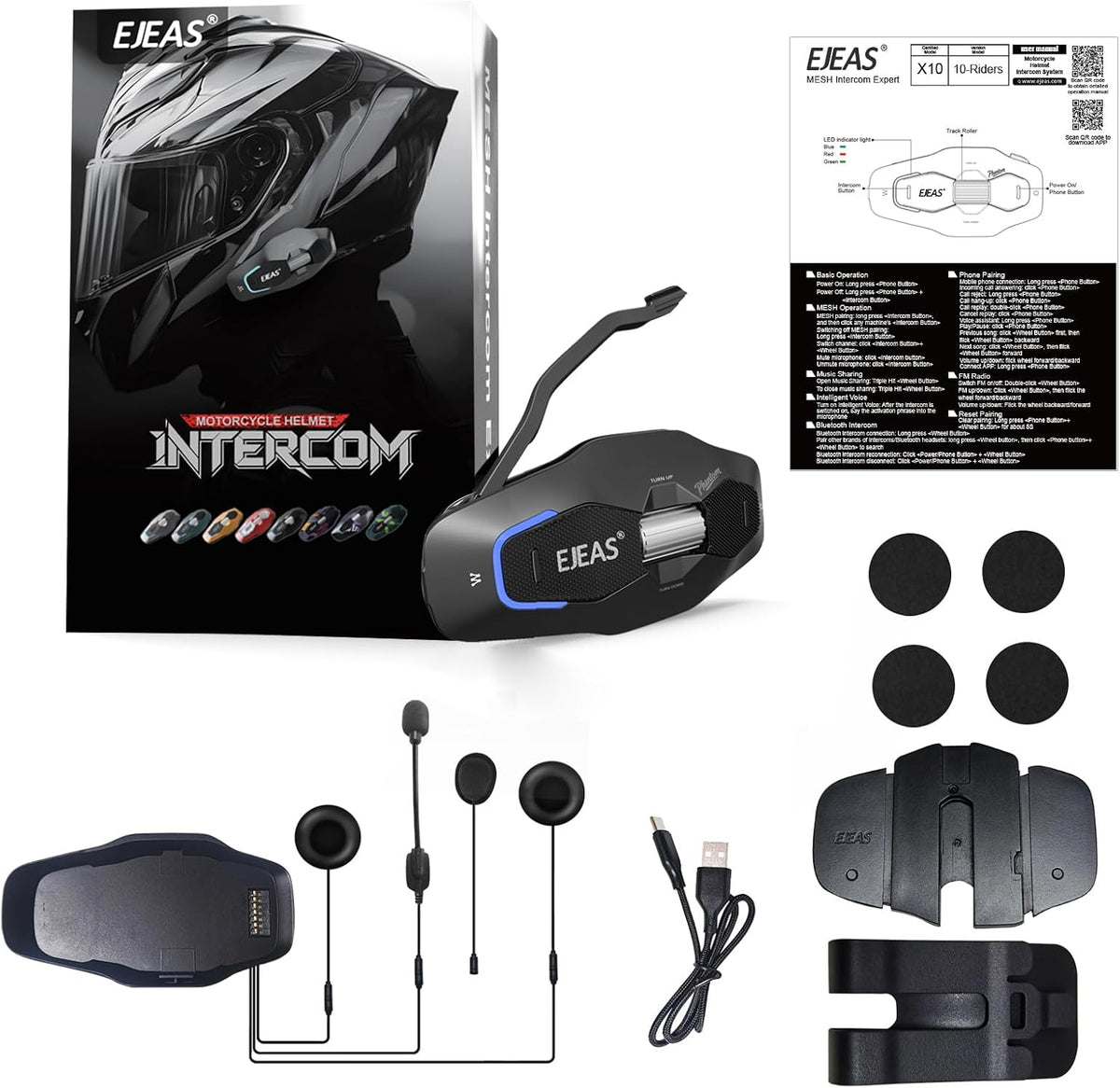 EJEAS X10 - Auriculares de intercomunicación para casco de malla Bl...