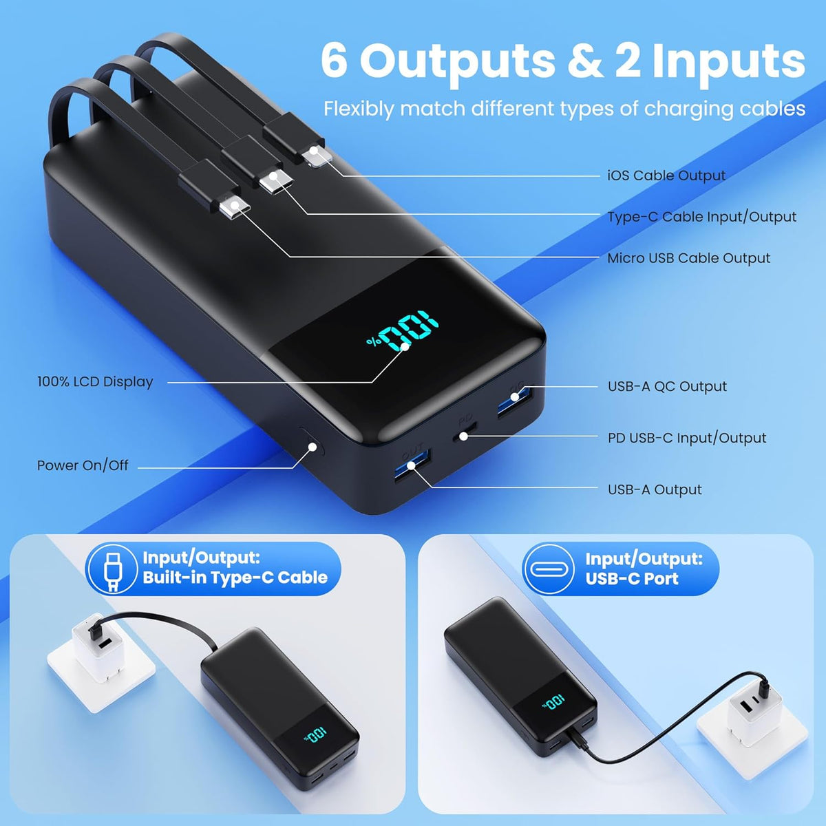 Cargador portátil de 50800 mAh con 3 cables integrados, 25 W PD QC4...