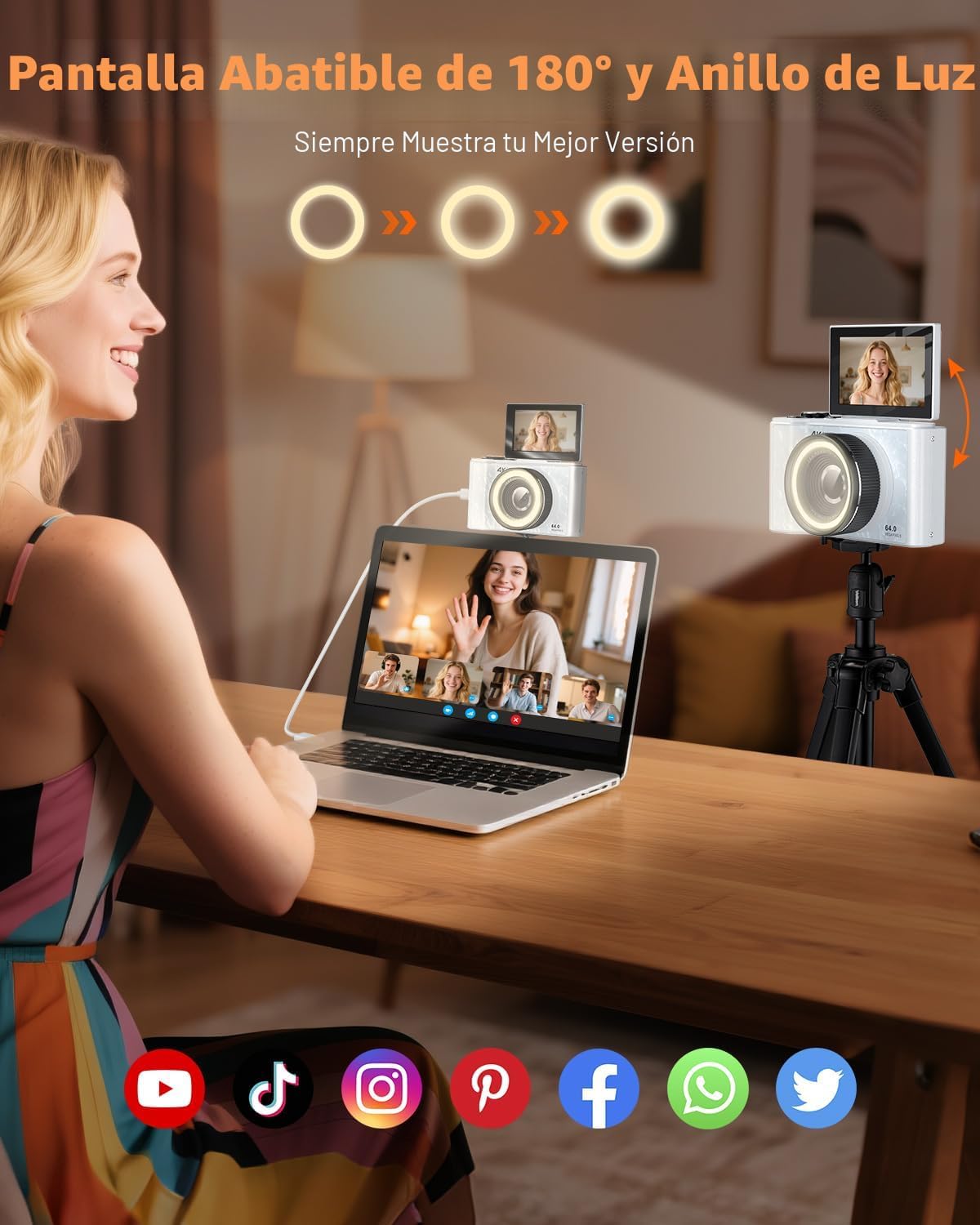 W &amp; O Cámara digital 4K para fotografía, cámara digital con pan...