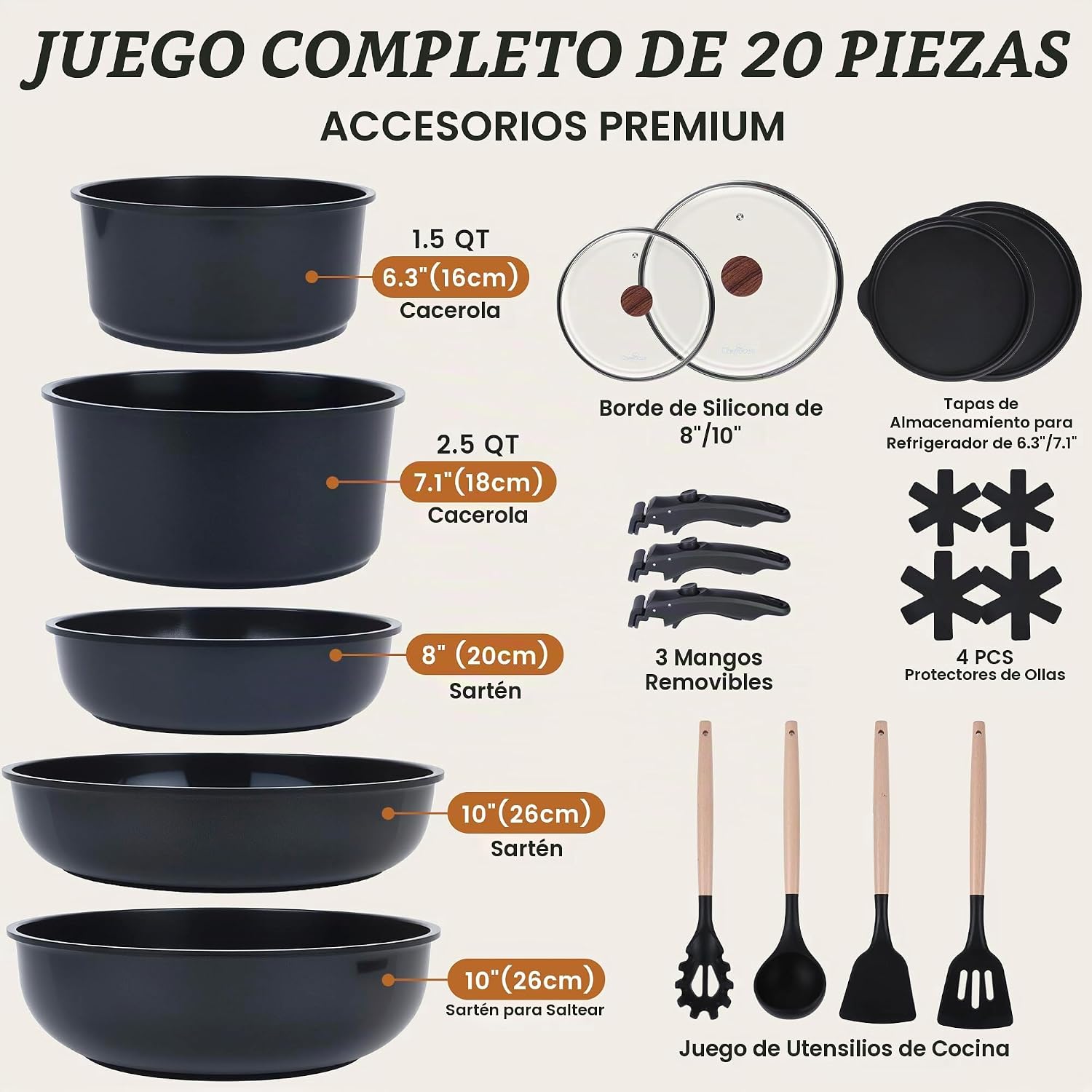 Juego de utensilios de cocina antiadherentes de cerámica de 20 piez...