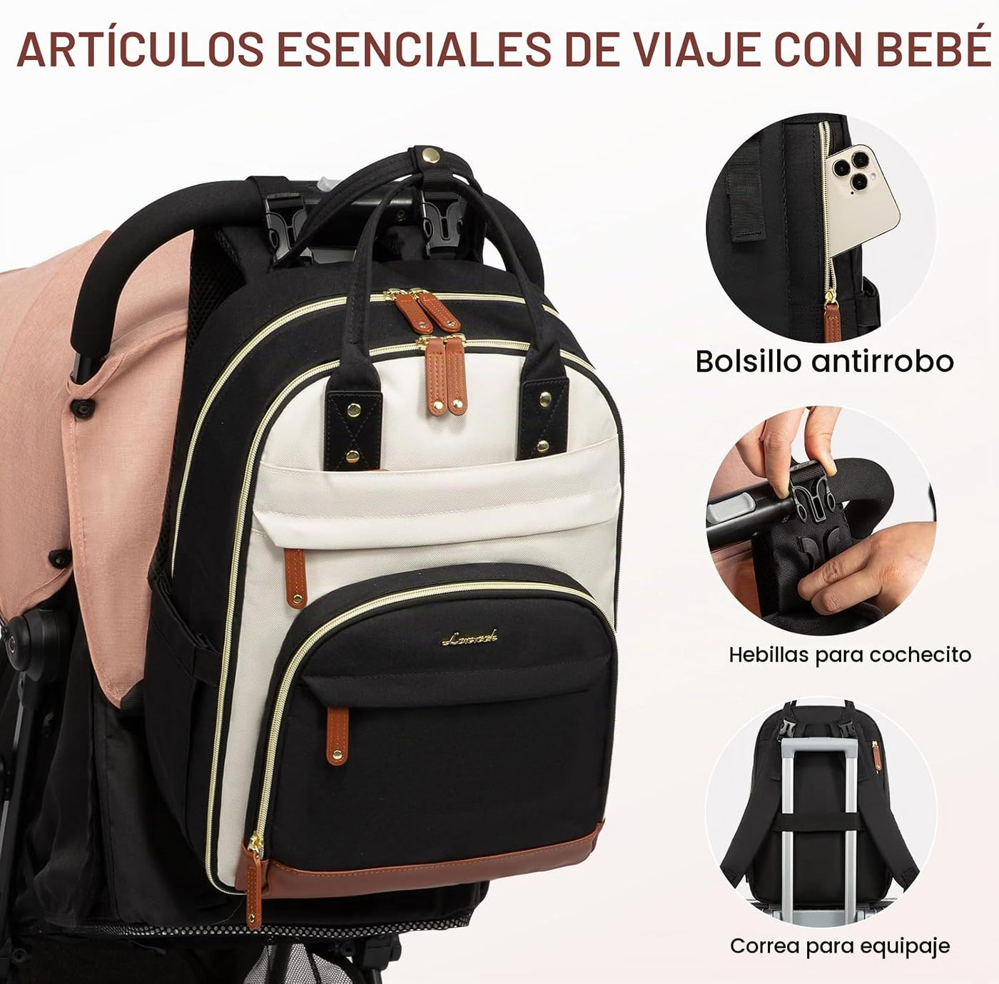 LOVEVOOK mochila para pañales de gran capacidad, Beige Marrón Negro...