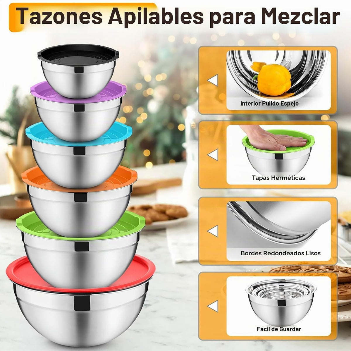 P&amp;P CHEF Juego de 6 tazones para mezclar con tapas, de acero in...