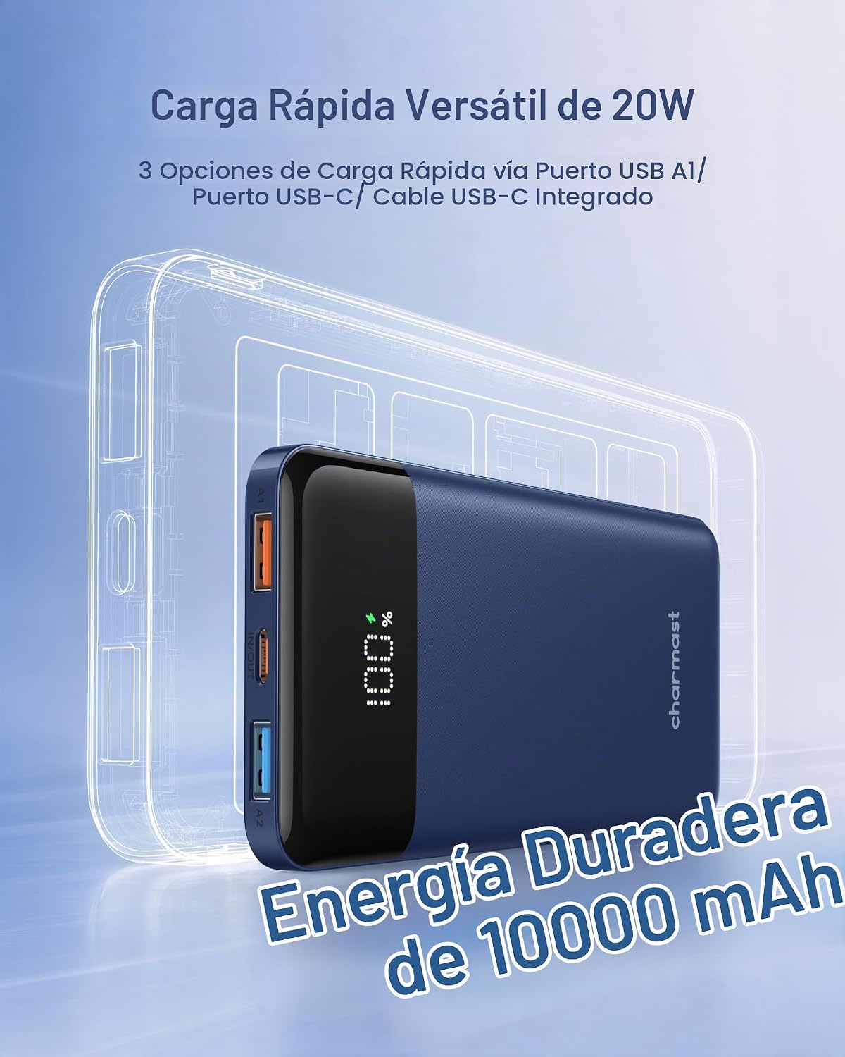 charmast Cargador portátil de carga rápida, 4 cables incorporados,...