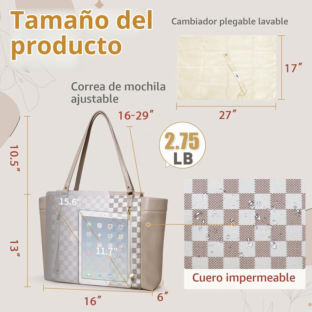 miss fong Bolso de pañales de cuero con diseño a cuadros, mochila g...