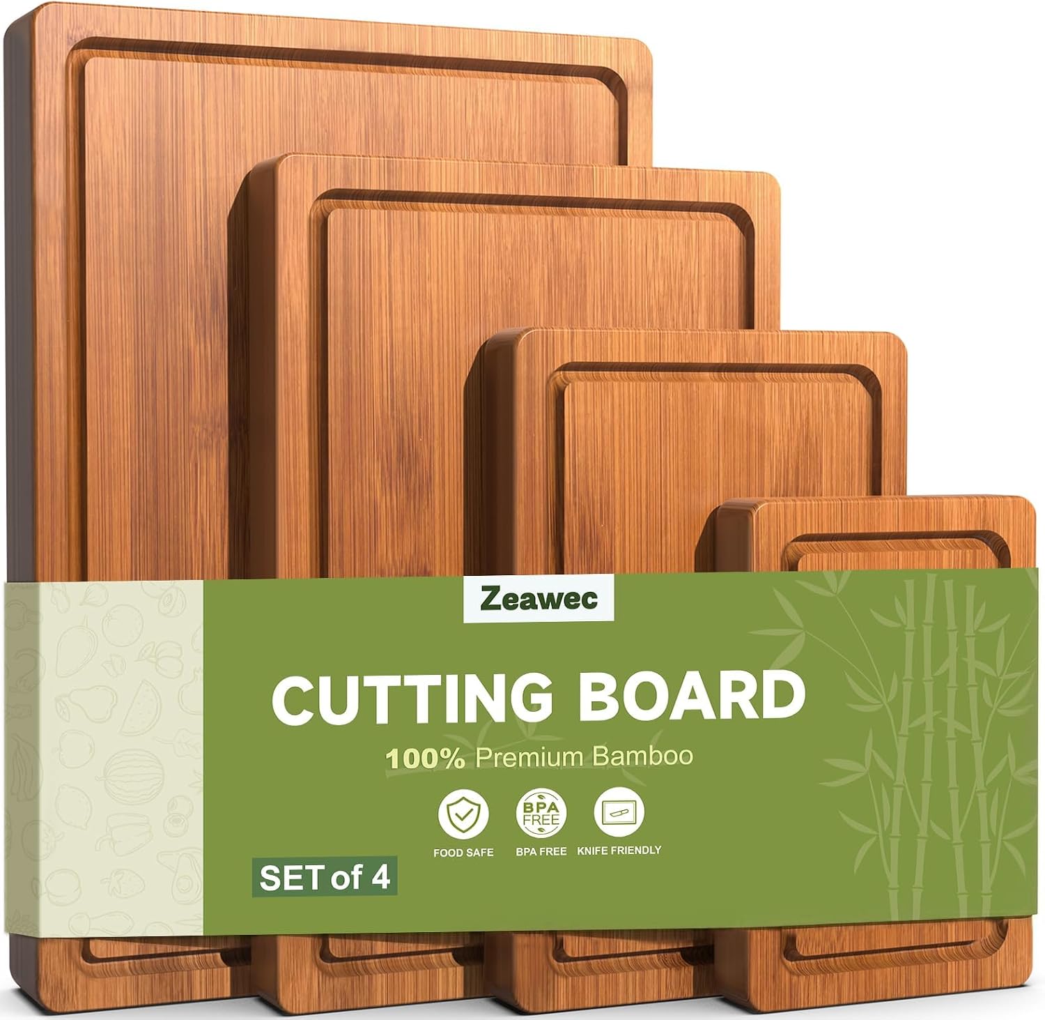 Zeawec Juego de 4 tablas de cortar de bambú carbonizado profundo pa...