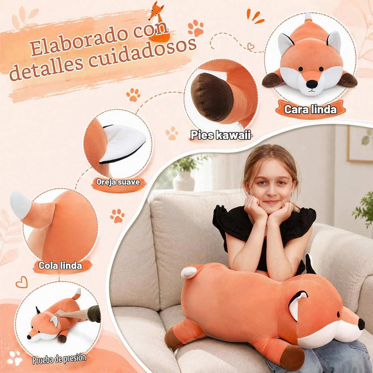 MorisMos Peluche de zorro rojo de 23.6 pulgadas, bonita almohada de...