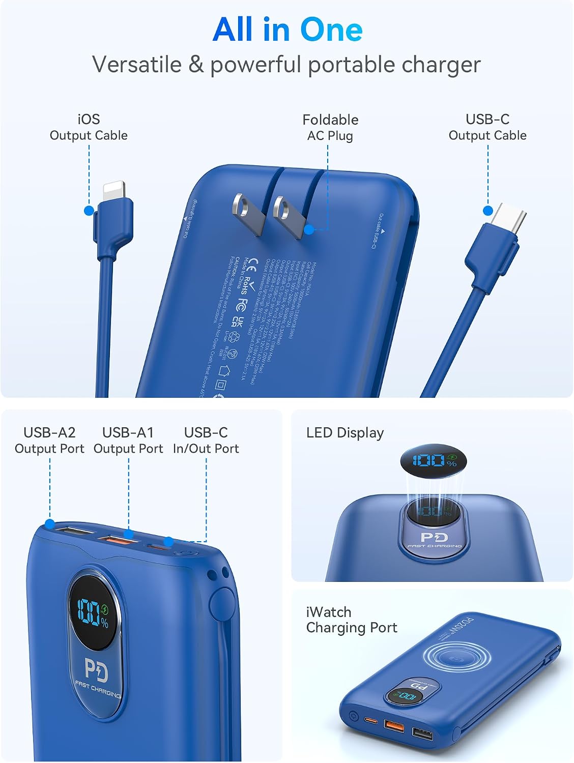 Cargador portátil Power Bank 10000mAh PD20W con cables incorporados...