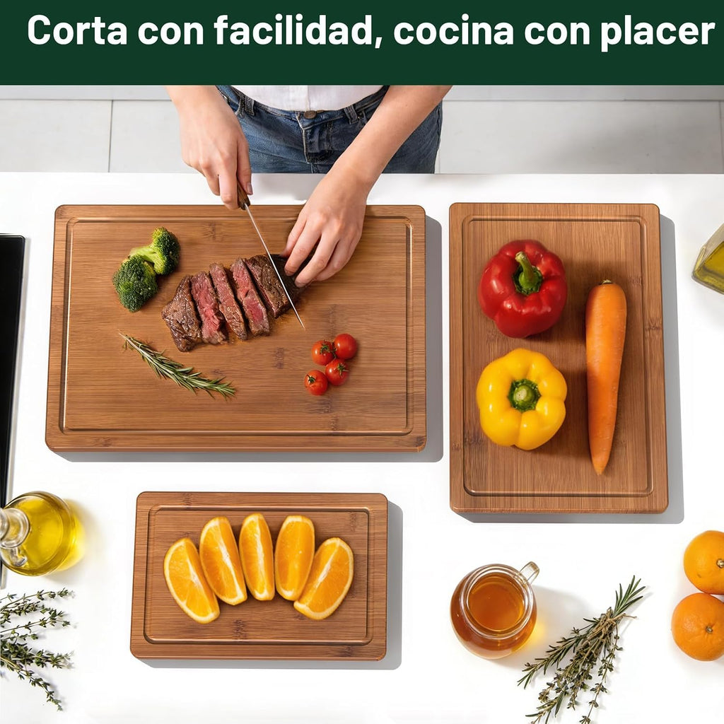 Juego de 3 tablas de cortar de bambú carbonizado profundo para coci...