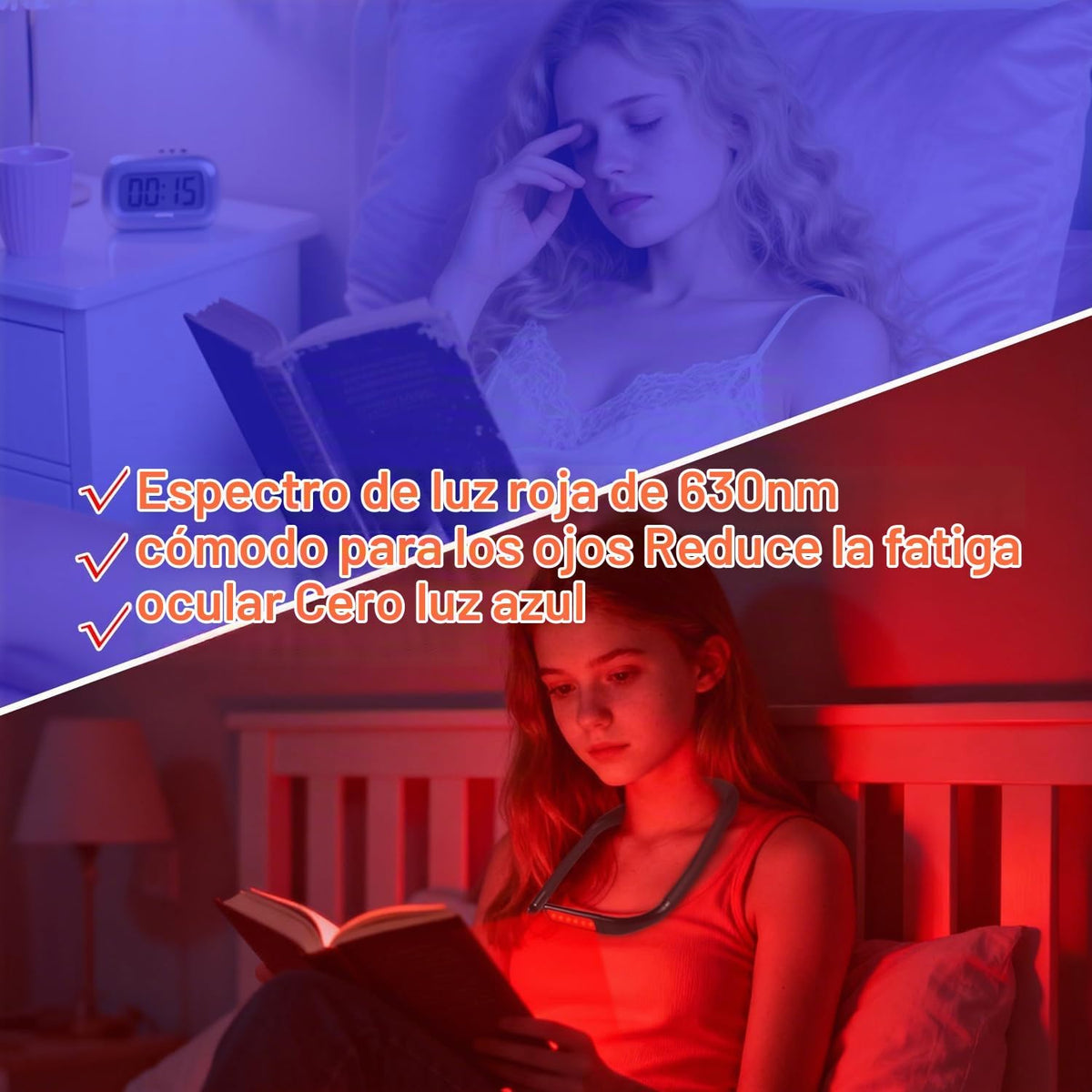 Finezeal Luz de lectura de cuello rojo de 630 nm, luz azul cero, re...