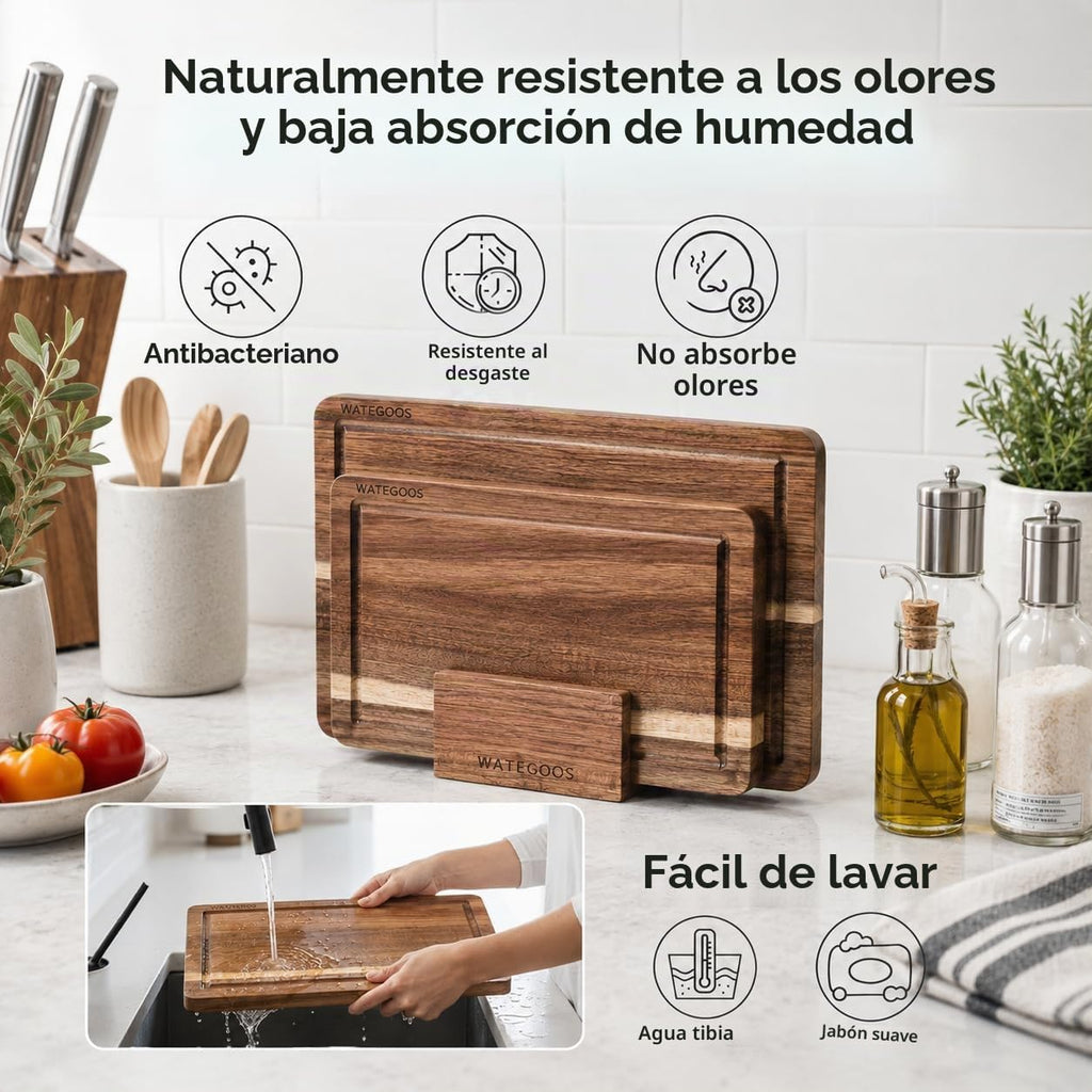 Juego de 2 tablas de cortar de madera de acacia para cocina, tablas...