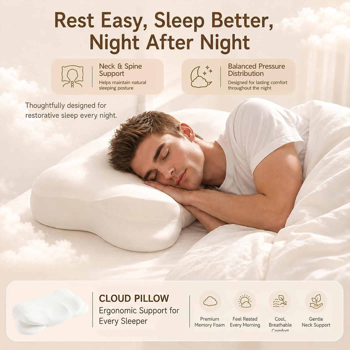 Kryndors Almohada Cloud Pillow ergonómica de espuma viscoelástica,...
