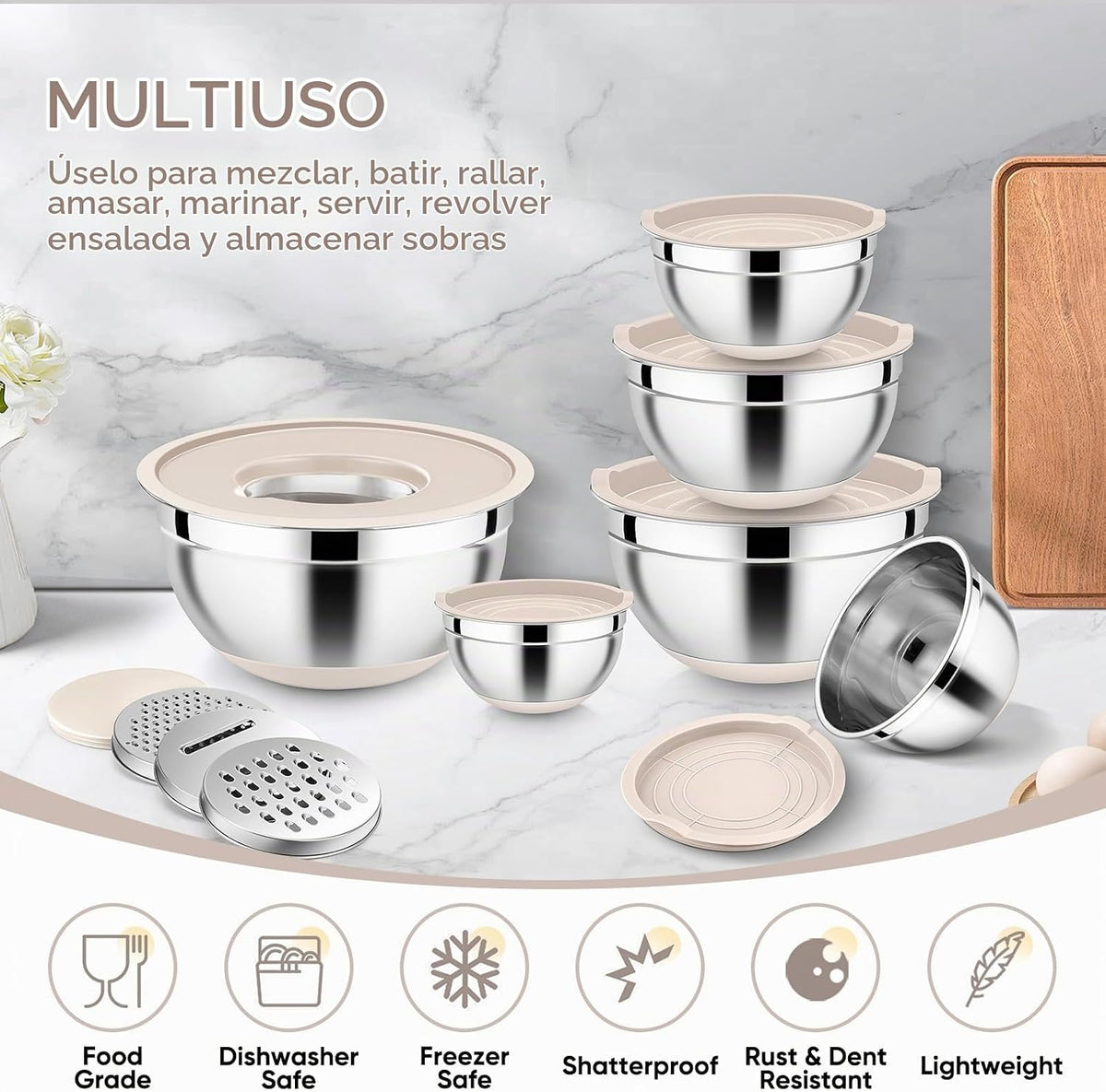 E-far Juego de 25 cuencos para mezclar con tapa, cuencos de acero i...