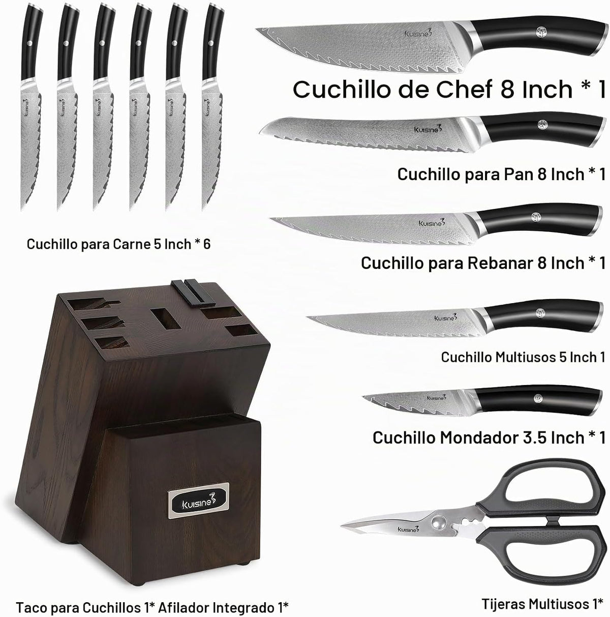 Juego de cuchillos de Damasco, juego de cuchillos afilados, mango e...