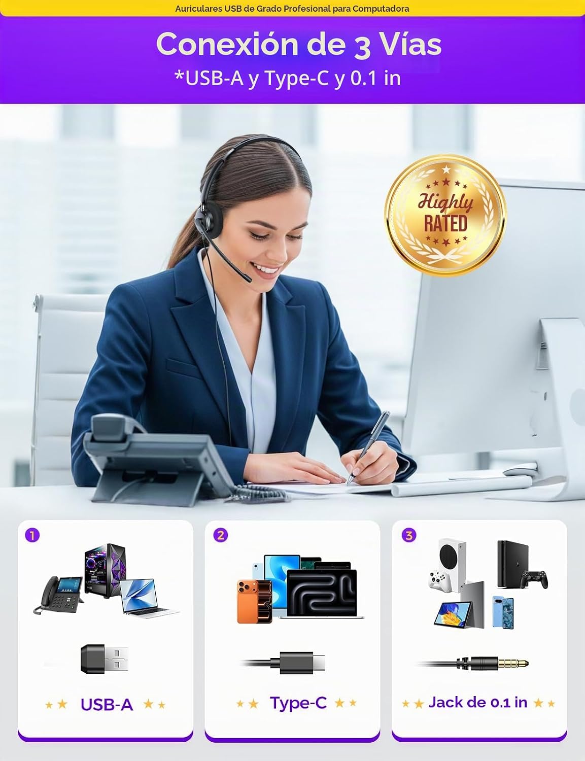 Auriculares USB con micrófono para PC, Auriculares para computadora...