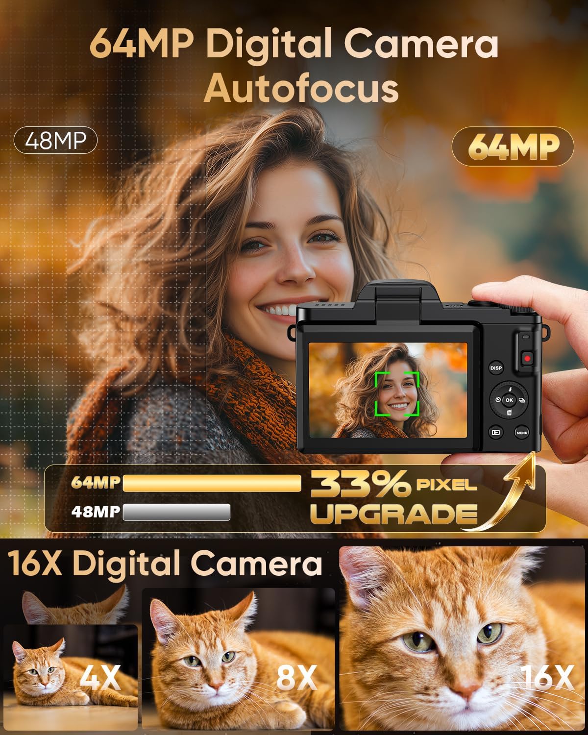 Cámara digital 4K WiFi 180° pantalla abatible enfoque automático 64...