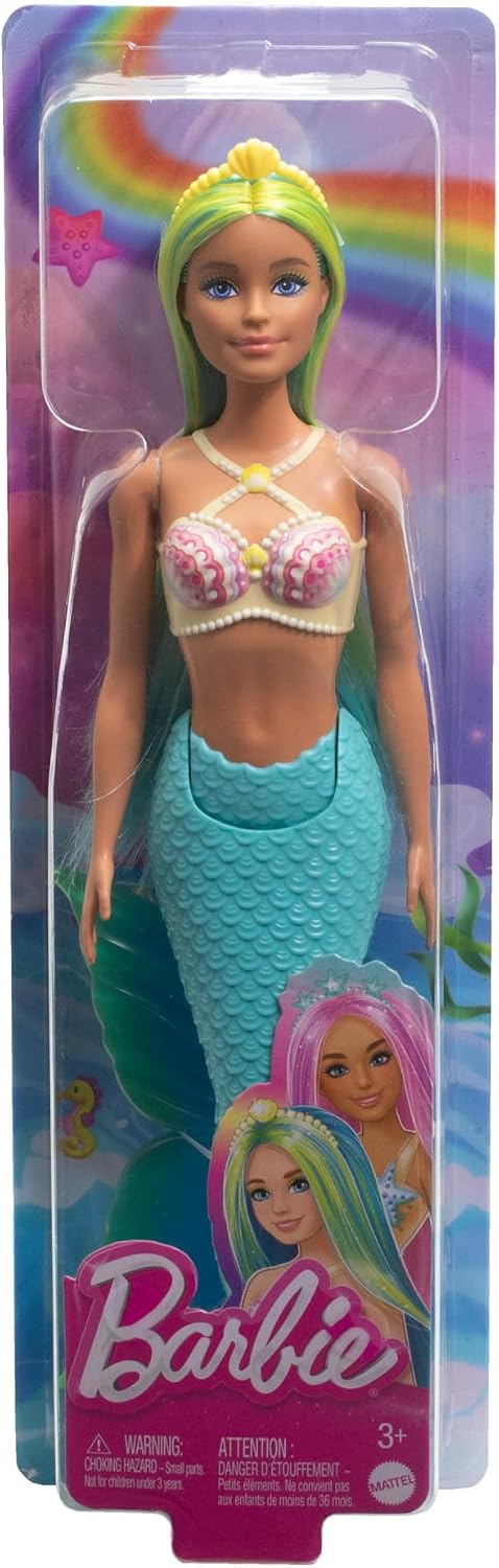 Muñeca Barbie Sirena con pelo de fantasía bicolor azul y amarillo |...