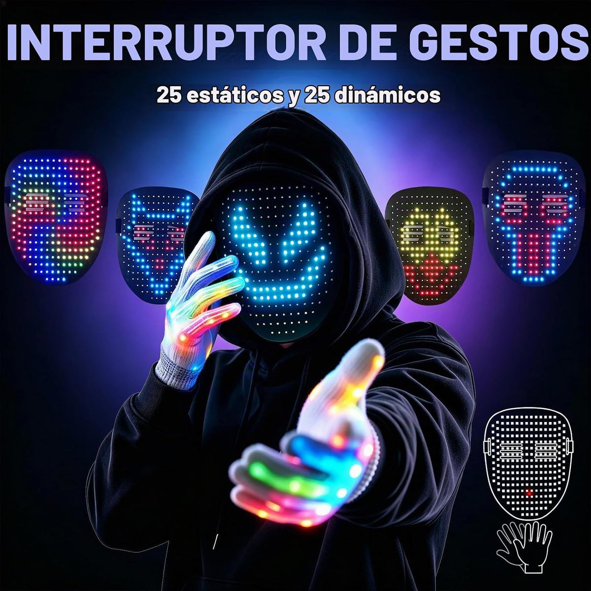 mofyshine Juego de máscara LED y guantes con detección de gestos, r...