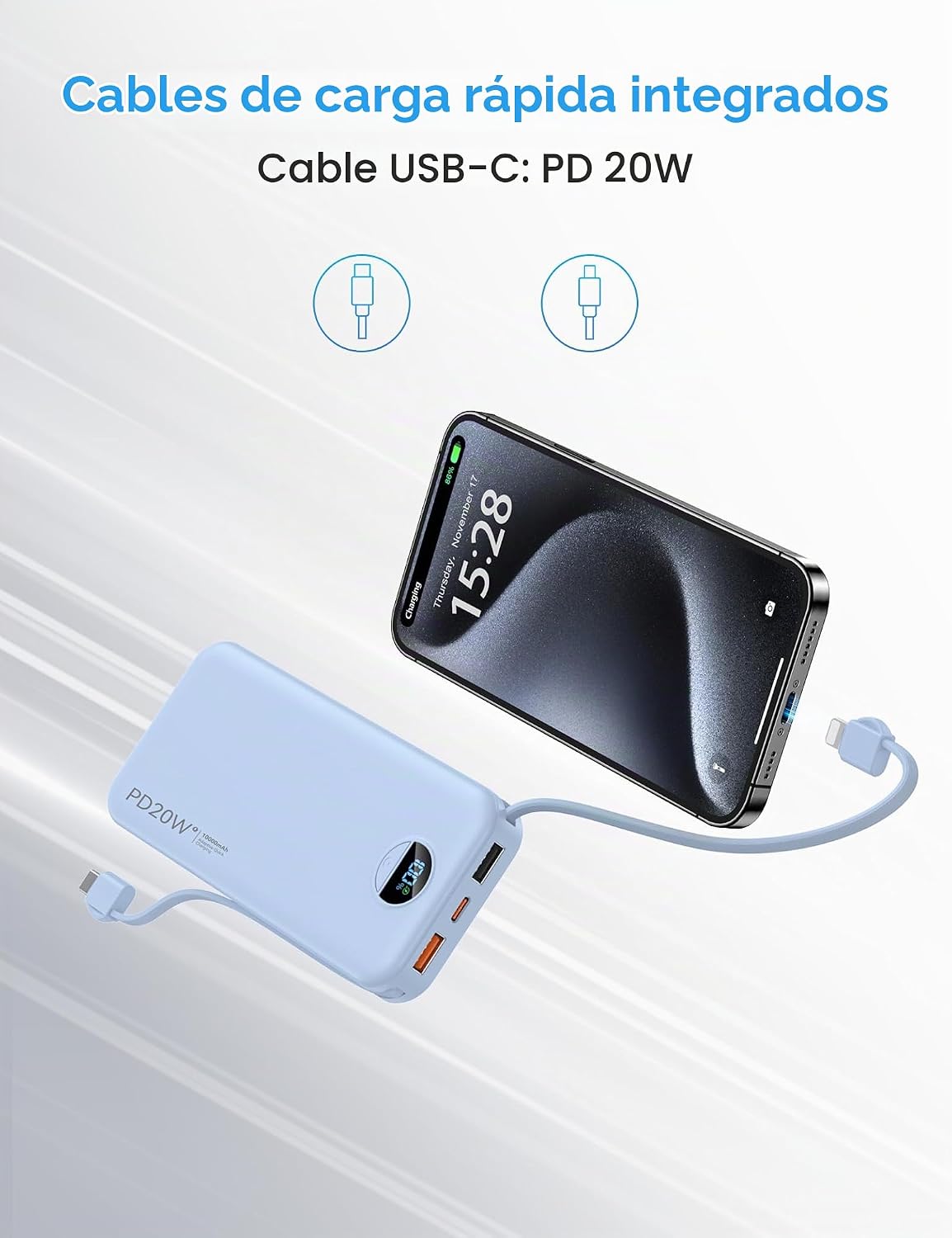 Ffnpua Cargador portátil Power Bank 10000mAh PD20W con cables incor...