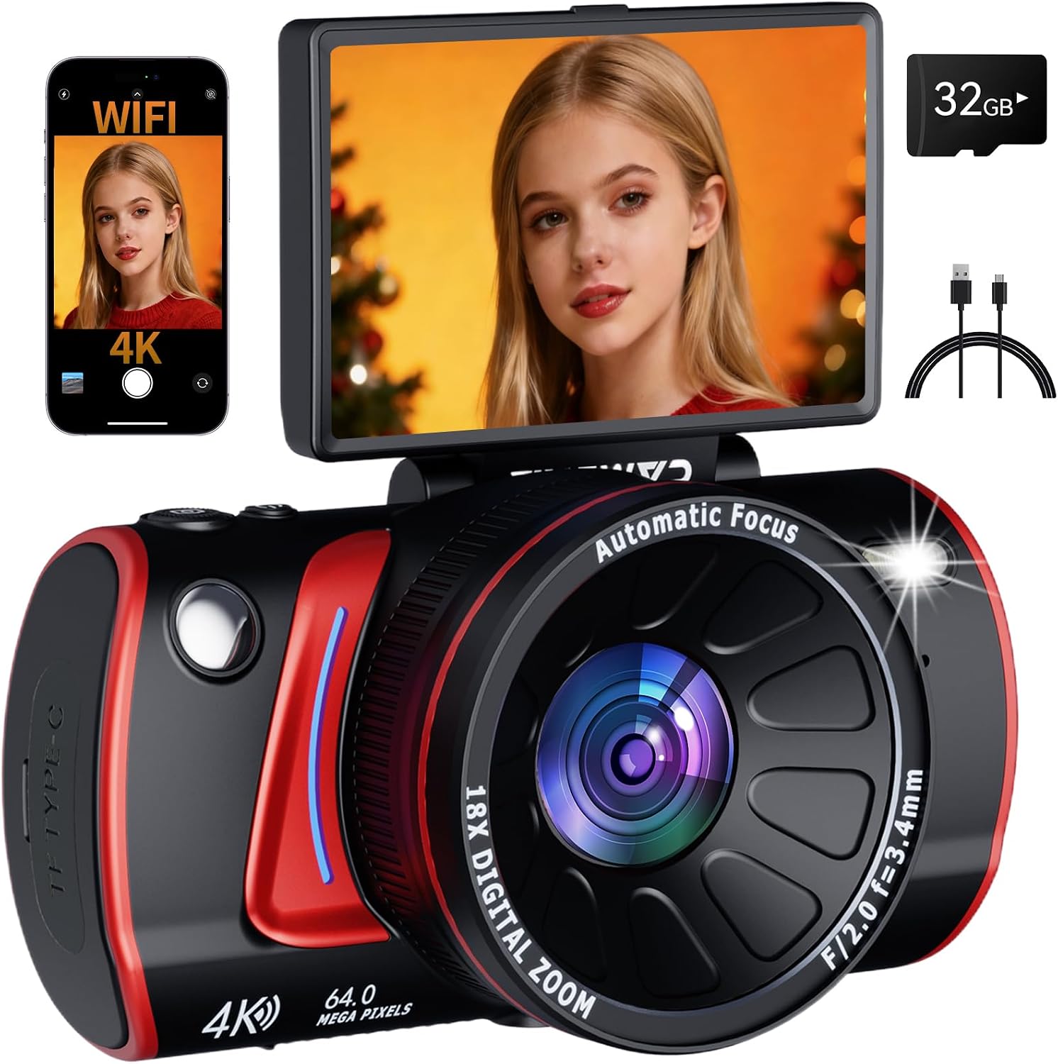 RAZPLYN Cámara digital 4K para fotografía WiFi 180° pantalla abatib...