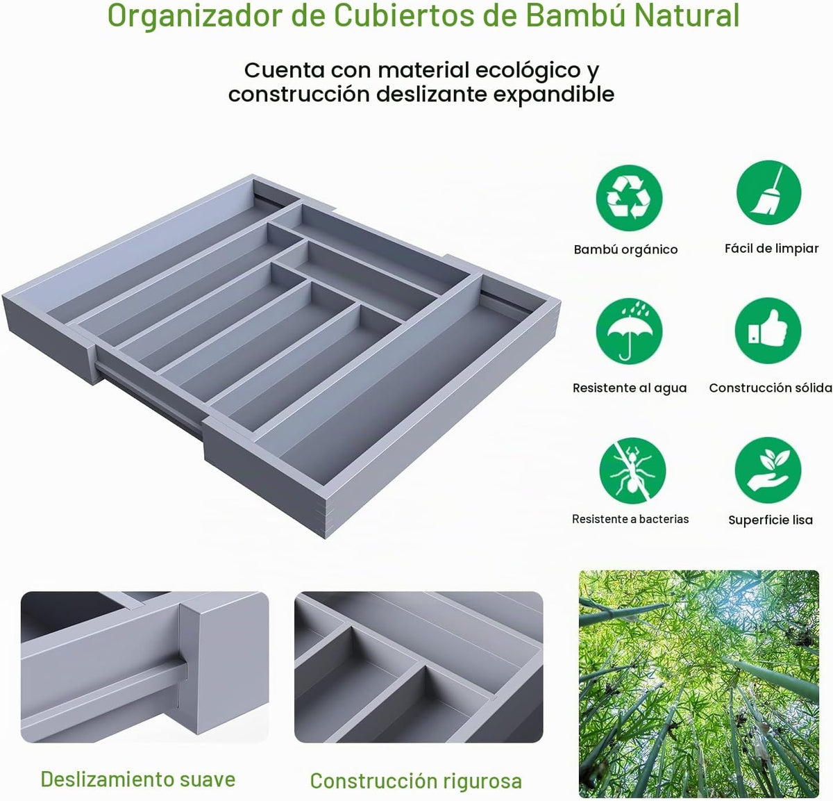 Pipishell Organizador de cajones expandible de bambú para soporte d...