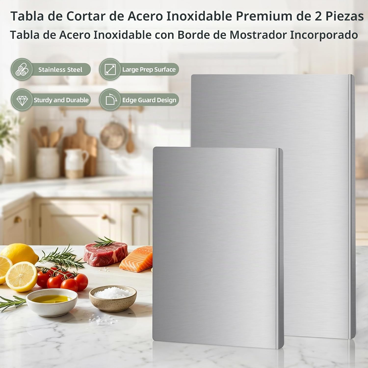 Juego de tablas de cortar de acero inoxidable con labio, paquete de...