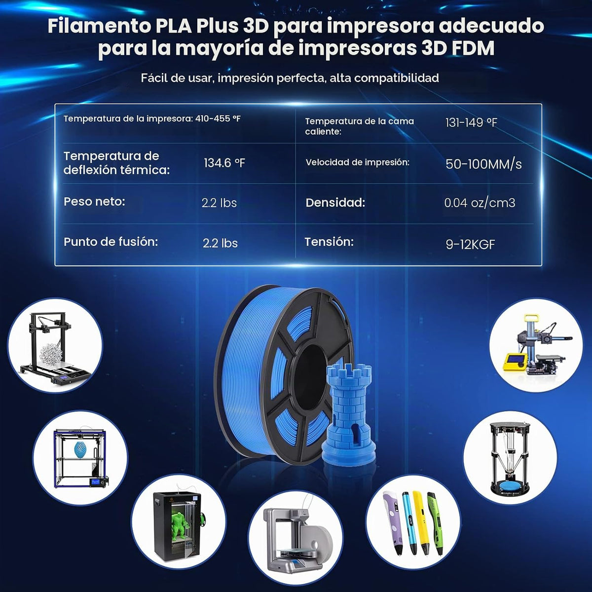 SUNLU Filamento PLA Plus de 0.07 in, azul transparente, 2.2 lbs | F...
