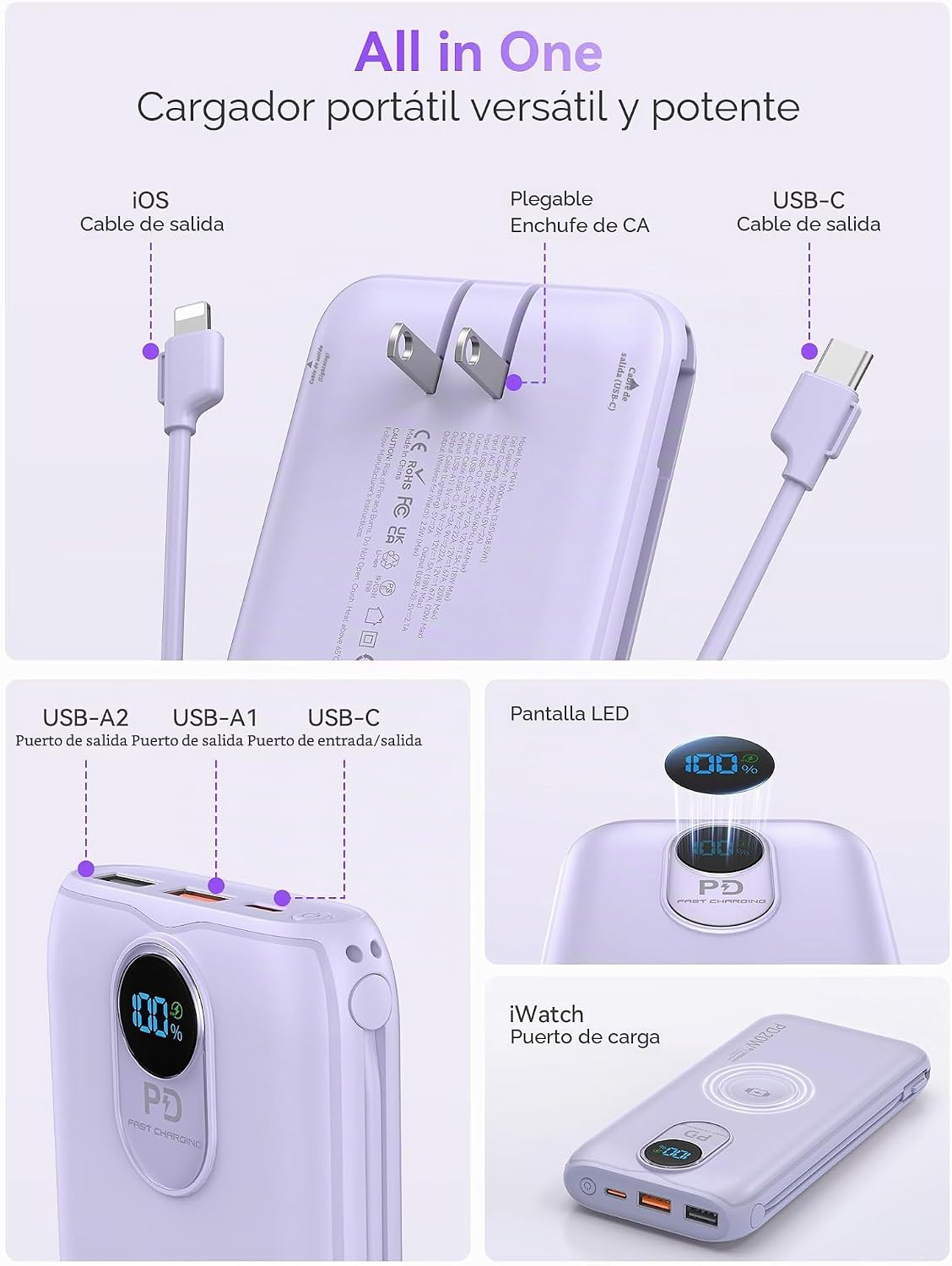 Cargador portátil Power Bank 10000mAh PD20W con cables incorporados...