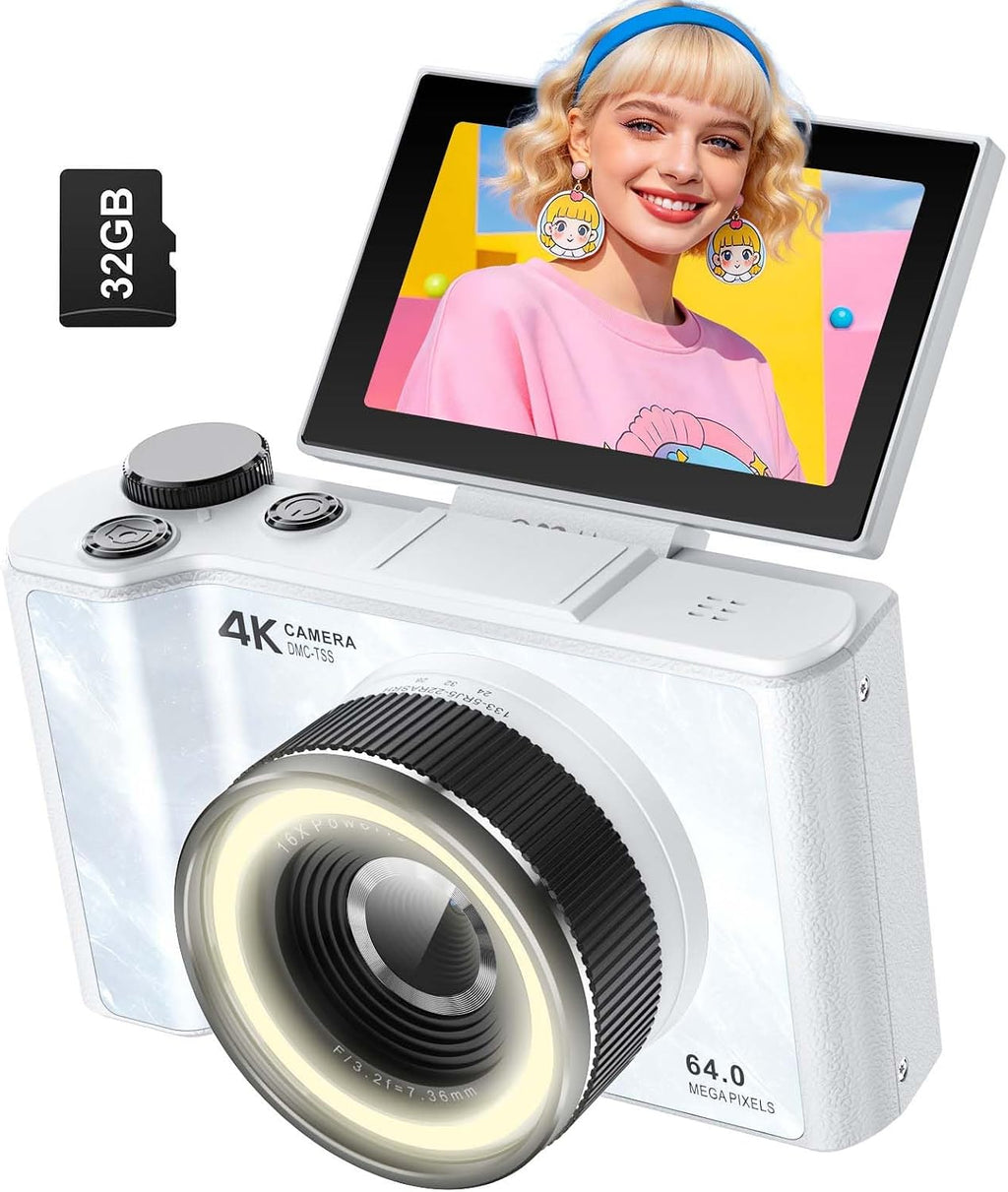 W &amp; O Cámara digital 4K para fotografía, cámara digital con pan...