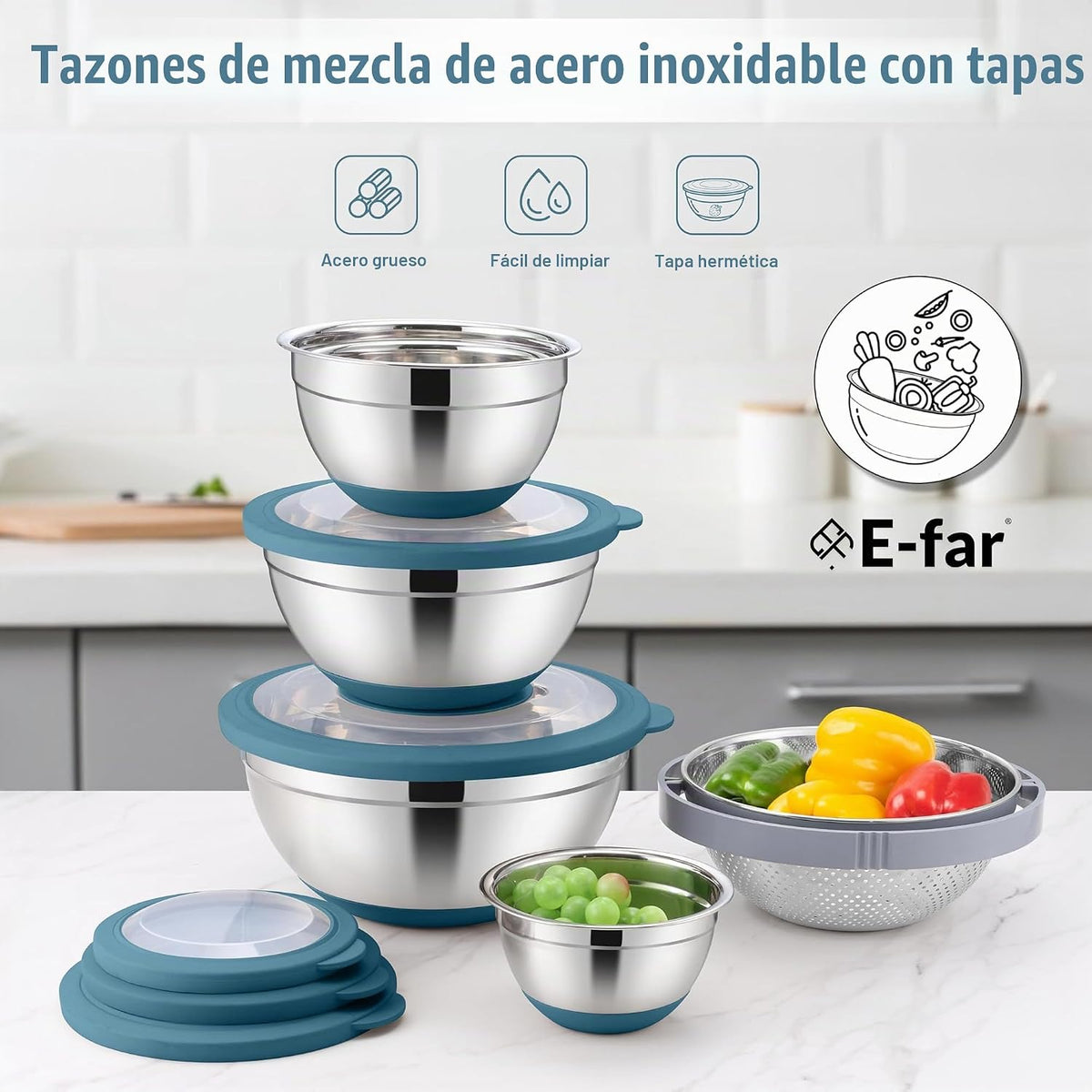 E-far Juego de tazones para mezclar con tapas, 15 piezas de tazones...