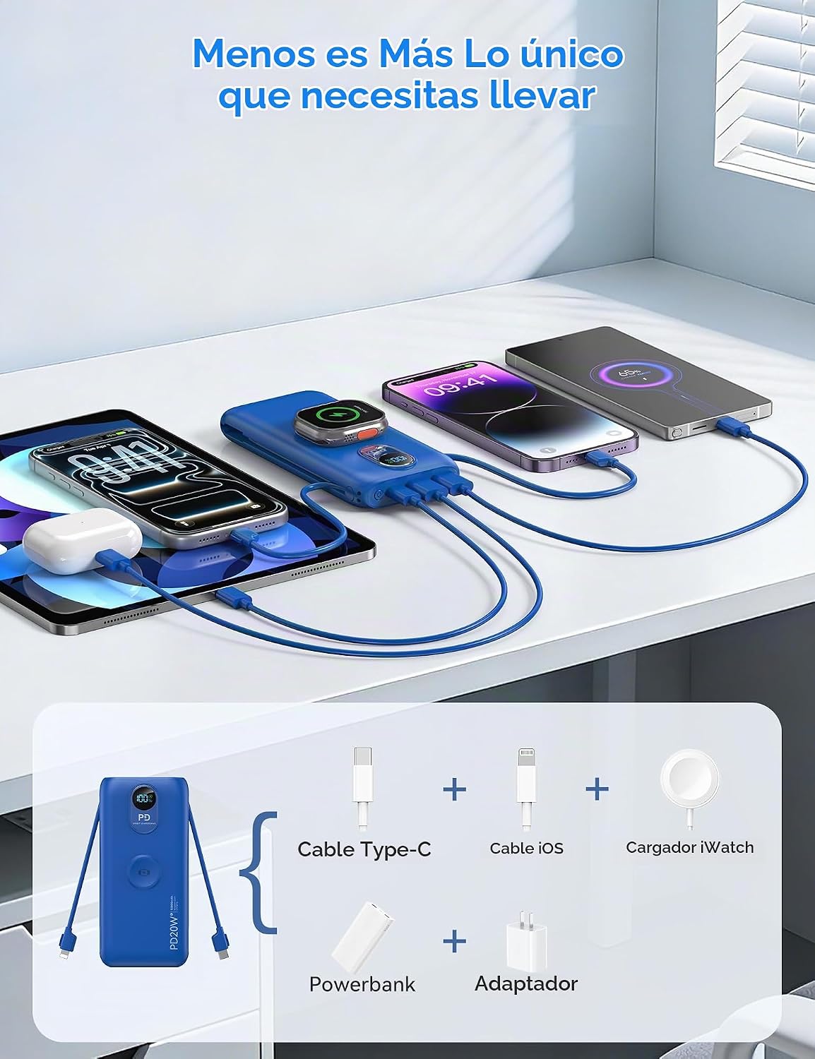 Cargador portátil Power Bank 10000mAh PD20W con cables incorporados...