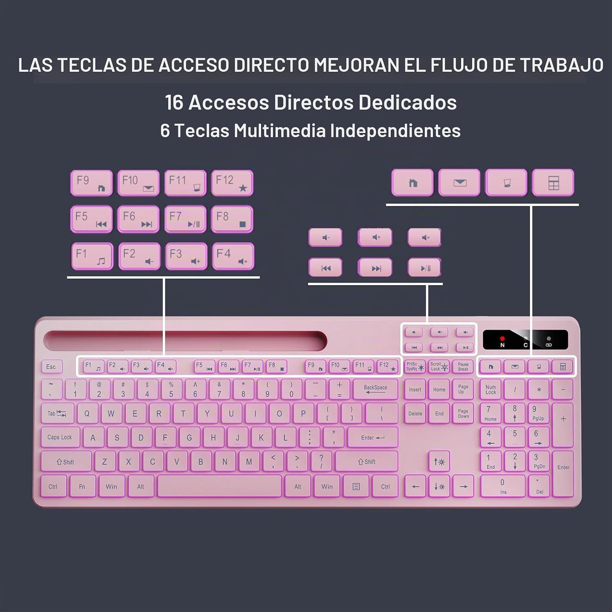 Soueto Teclado inalámbrico con retroiluminación RGB de 7 colores, t...