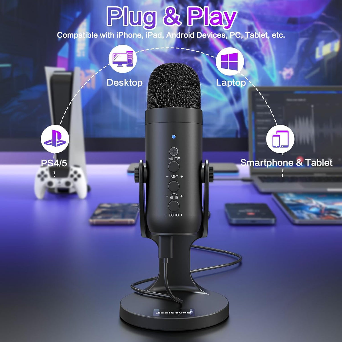 ZealSound Micrófono Podcast para PC, Micrófono USB con Cancelación...