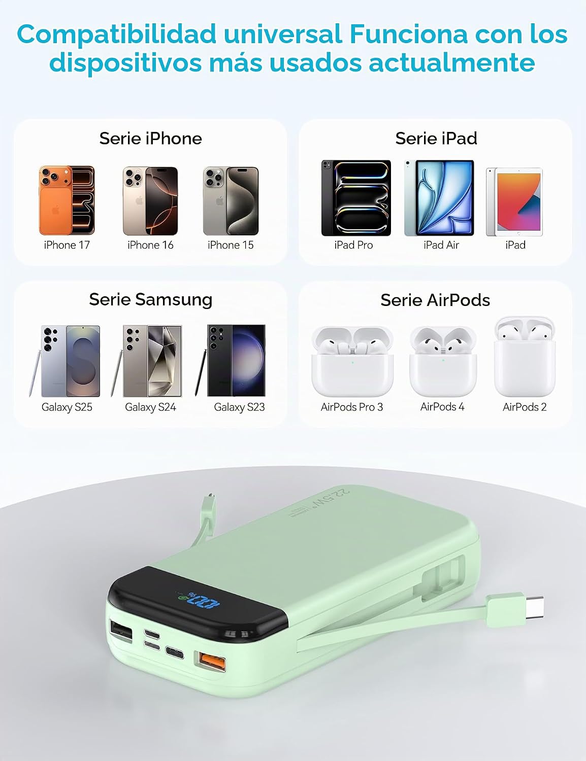 Banco de baterías para teléfono 32000 mAh 22,5 W con cables integra...