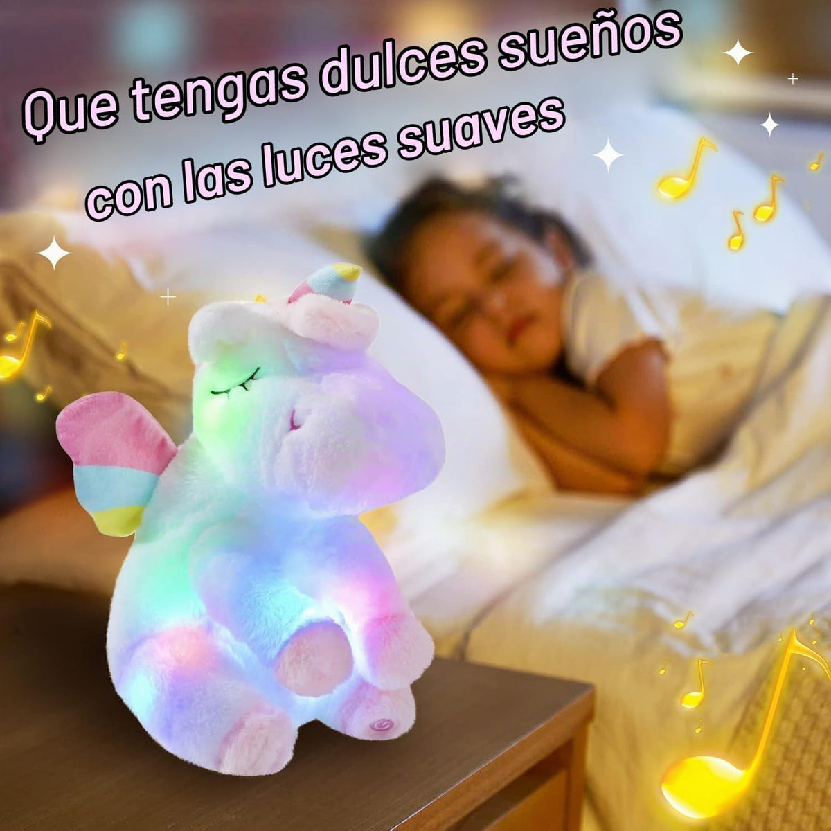 Athoinsu Unicornio de peluche musical con luces LED, suave y con pe...