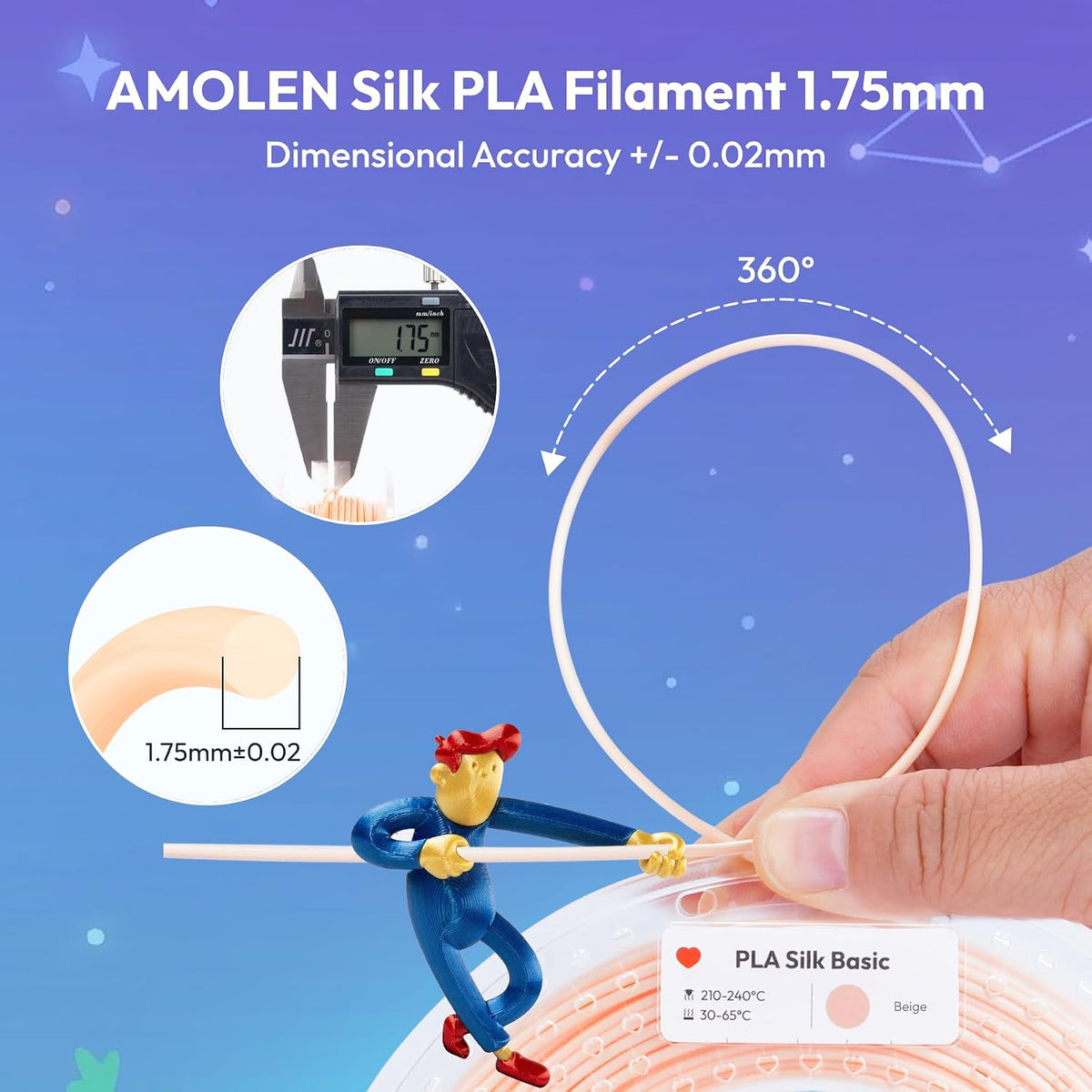AMOLEN Filamento PLA de seda para impresora 3D de 0.069 in, 7.05 oz...
