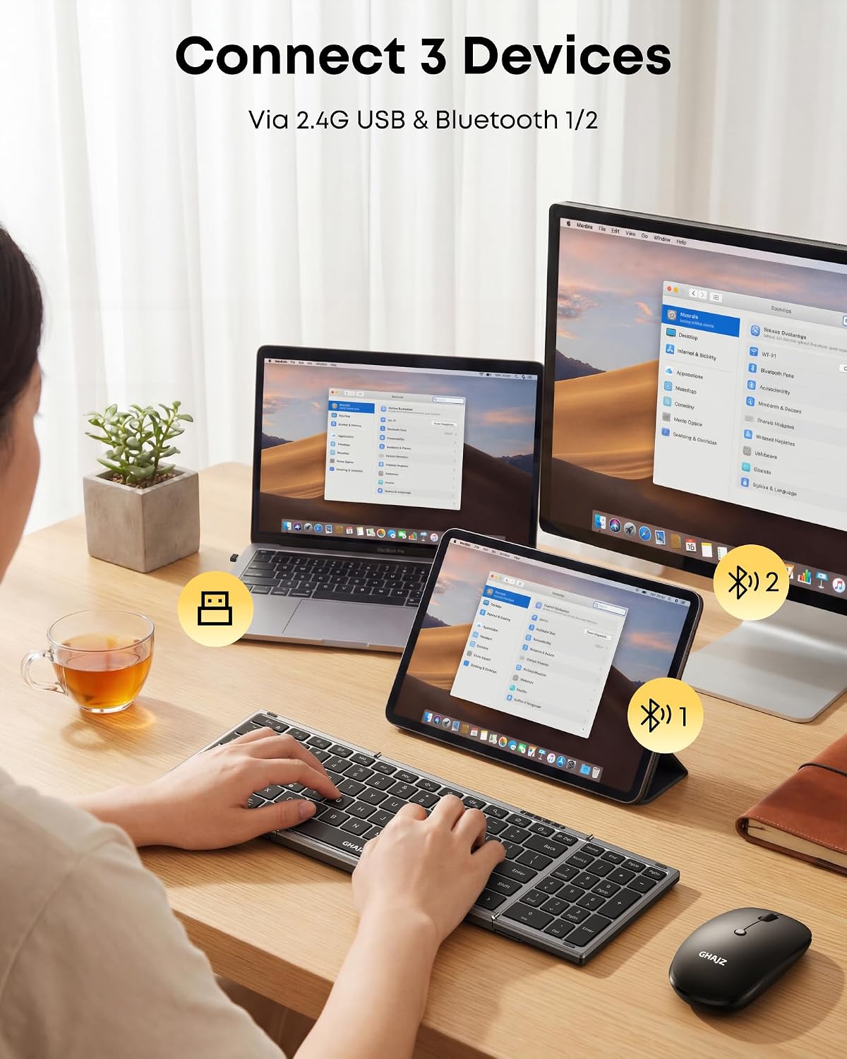 Ghajz Combo de teclado y mouse plegable portátil, Bluetooth ×2+USB...