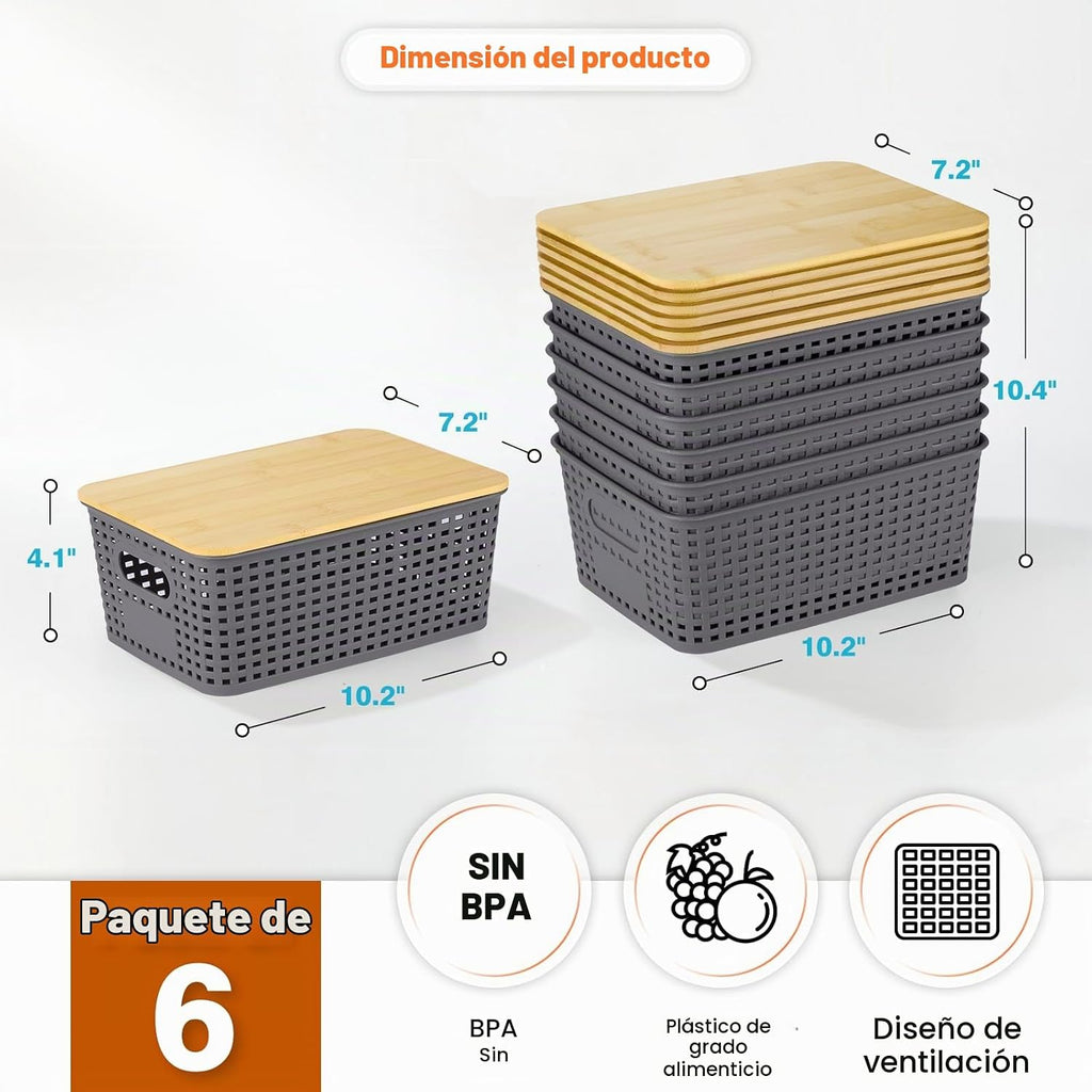 Cestas de almacenamiento de plástico con tapa de bambú - Contenedor...