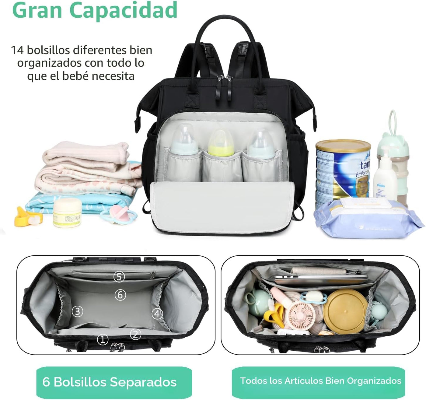 LORADI Bolsa de pañales grande (negro, grande, 20L) | 14 bolsillos,...
