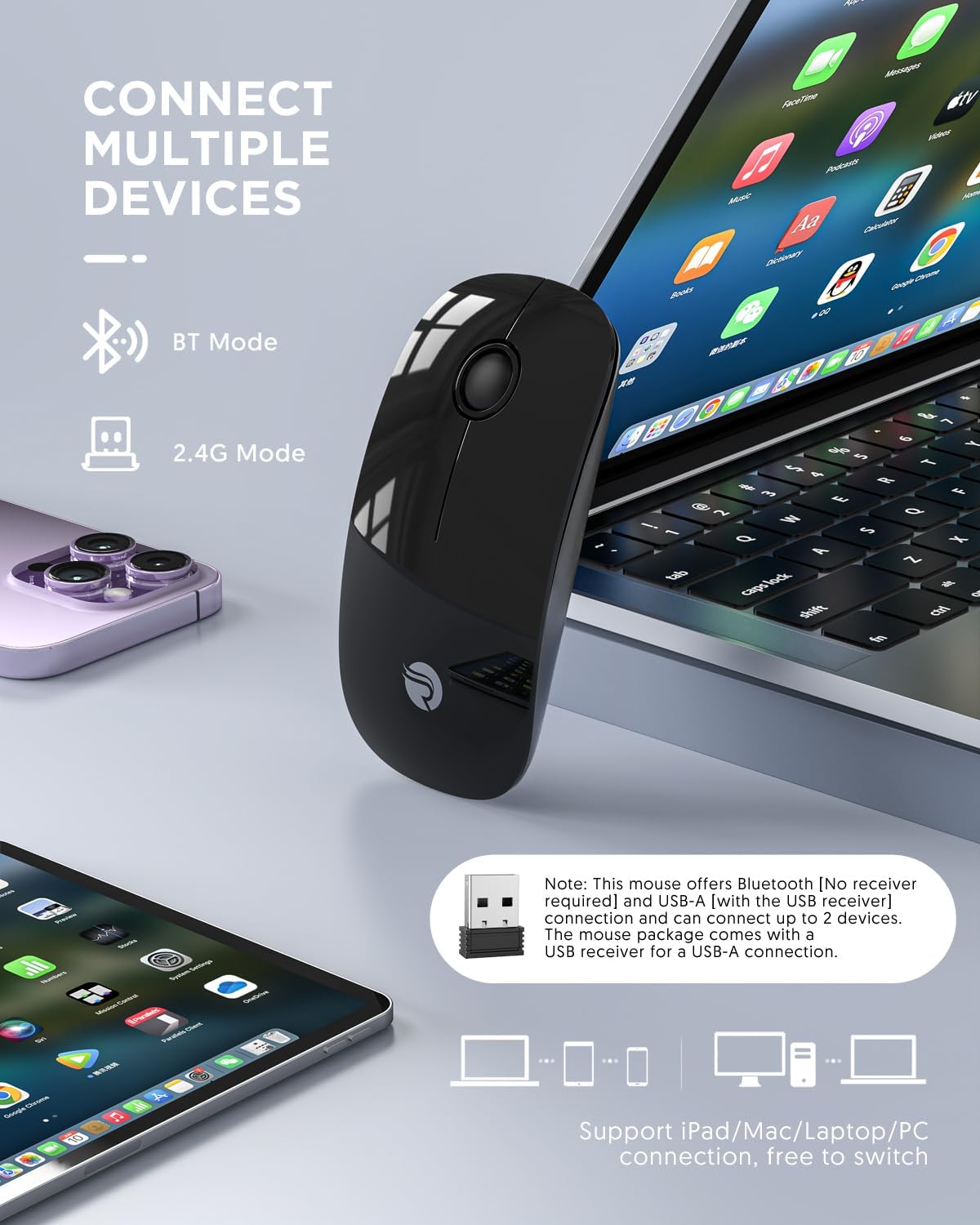 RAPIQUE Ratón Inalámbrico Bluetooth - (BT5.1+USB) Ratón de Computad...