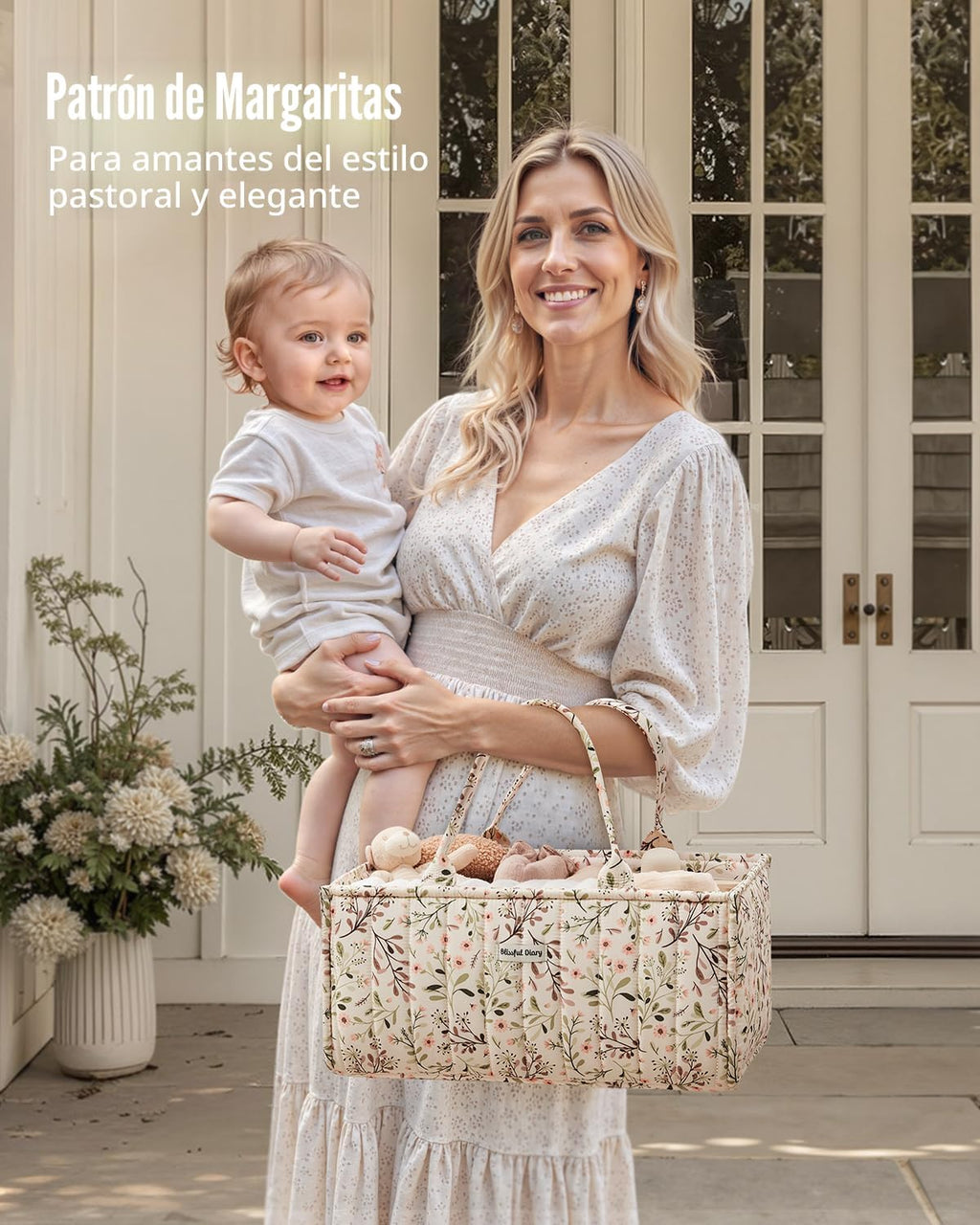 Blissful Diary Organizador de pañales con flores, elegante cesta de...
